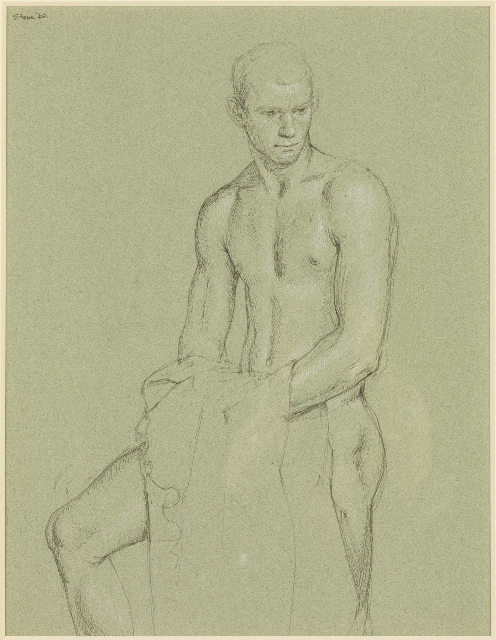 Paul Stone, Seated Male Nude, Pencil and Wash, 1962: Property from the Estate of Arthur B. Kouwenhoven Jr., Savannah, GADescription: Paul Goadby Stone (GA/NC/MA, 1928-1976), Seated Male Nude, Pencil and Wash on Paper, 1962, pencil signed Stone and