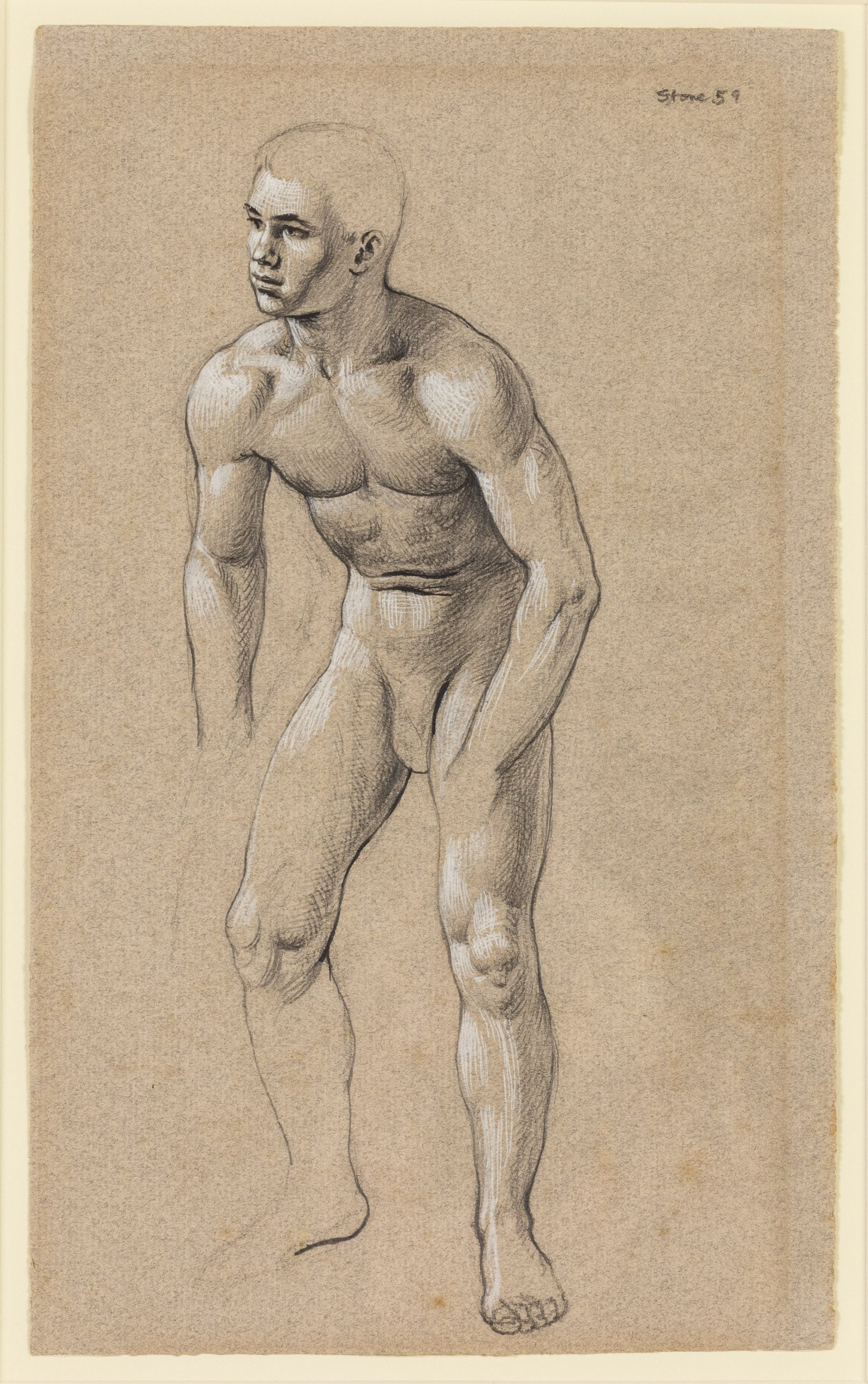 Paul Stone (1928-1976) Male Nude, Pencil Study, 1959: Property from the Estate of Arthur B. Kouwenhoven Jr., Savannah, GADescription: Paul Goadby Stone (GA/NC/MA, 1928-1976), Standing Male Nude, 1959, Pencil Study on Paper 12 1/2 x 7 1/2 in., signed