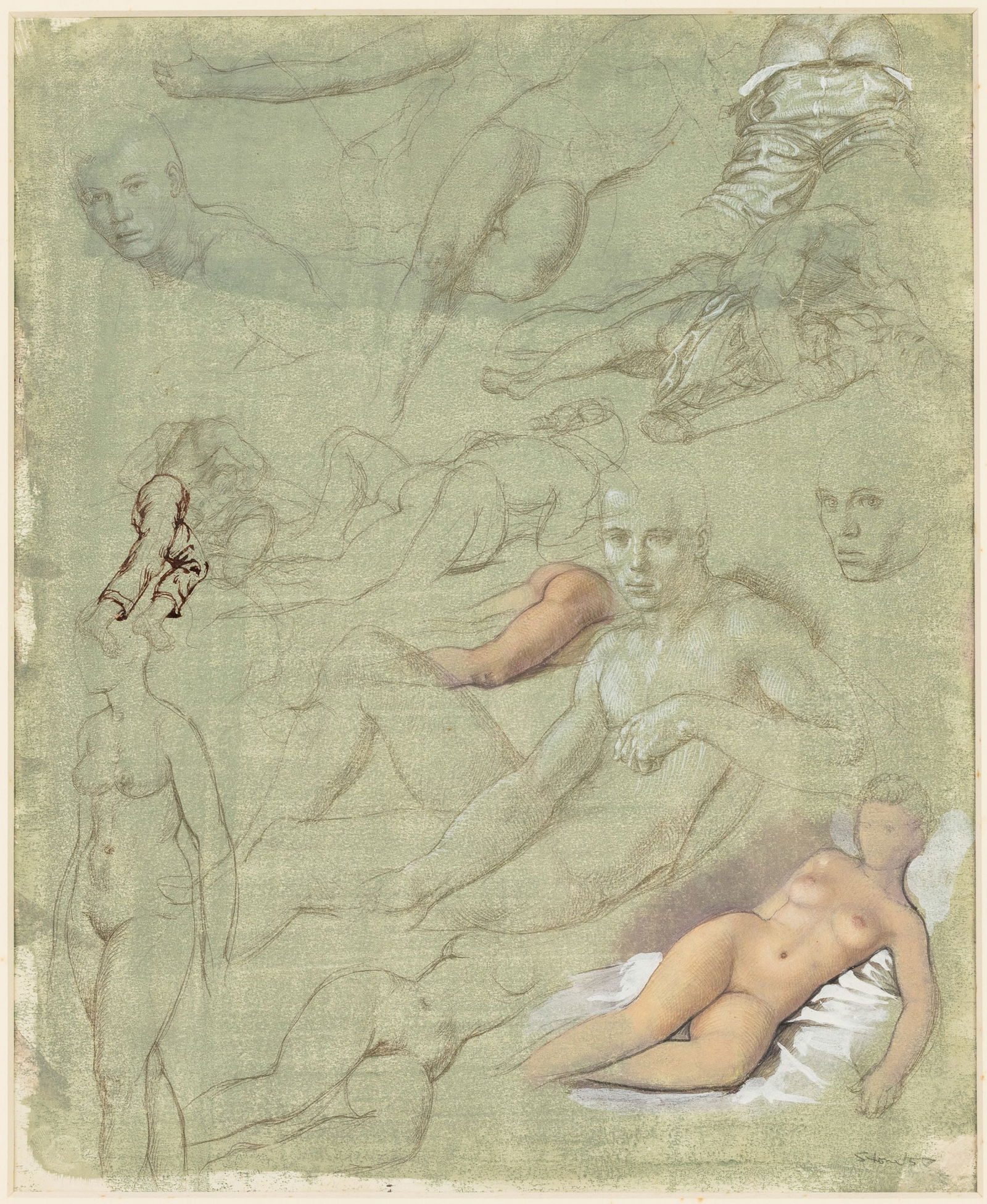 Paul Stone (1928-1976), Double Sided Figure Studies: Property from the Estate of Arthur B. Kouwenhoven Jr., Savannah, GA Description: Paul Goadby Stone (GA/NC/MA, 1928-1976), Double Sided Figure Studies, 1957, Pencil and Wash on Paper, signed Stone