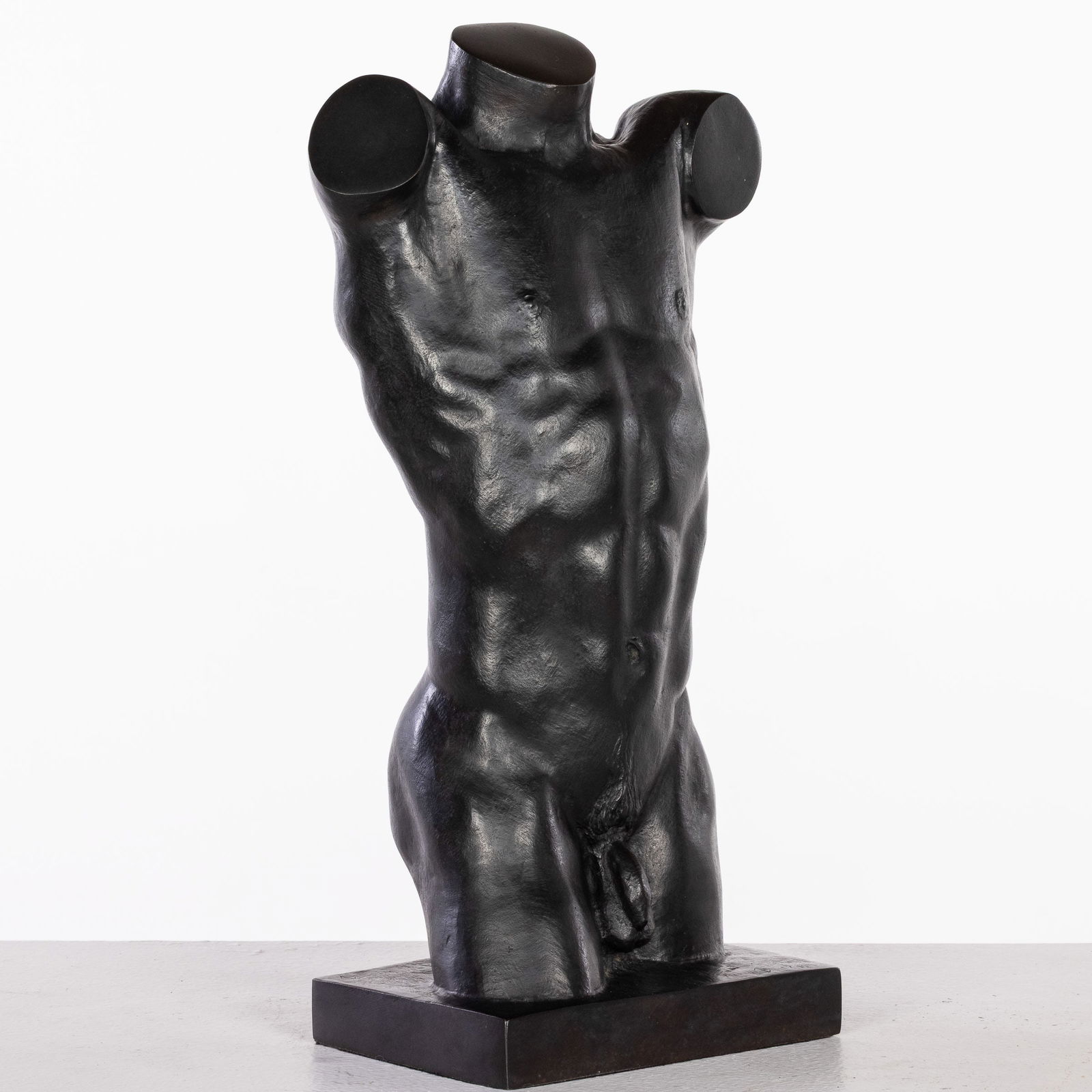 Initial Signed, Male Torso, Bronze: Property from the Estate of Arthur B. Kouwenhoven Jr., Savannah, GA Description: Initial Signed, Male Torso, Bronze, initial signed on bronze base, depicting a male torso with raised shoulders.