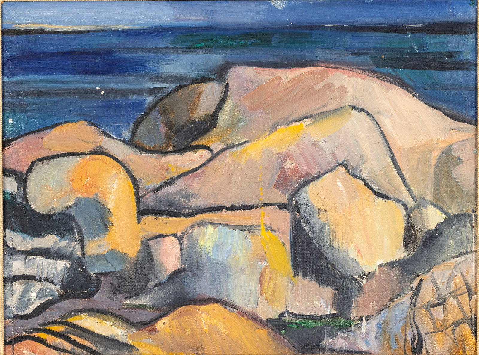 After Marsden Hartley, Rocky Seascape, O/B: Property from the Estate of Arthur B. Kouwenhoven Jr., Savannah, GA Description: After Marsden Hartley, Rocky Seascape, Oil on Canvasboard, signed verso, depicting a rocky shoreline. Frame size: 1