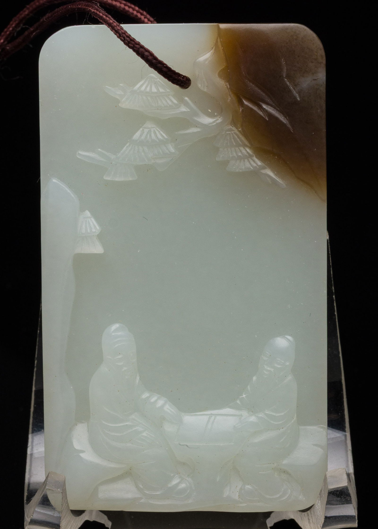 Chinese Carved White Jade Rectangular Pendant: Property from the Estate of Arthur B. Kouwenhoven Jr., Savannah, GA Description: Chinese Carved White Jade Rectangular Pendant, one side carved with seated figures, the other with Chinese characte