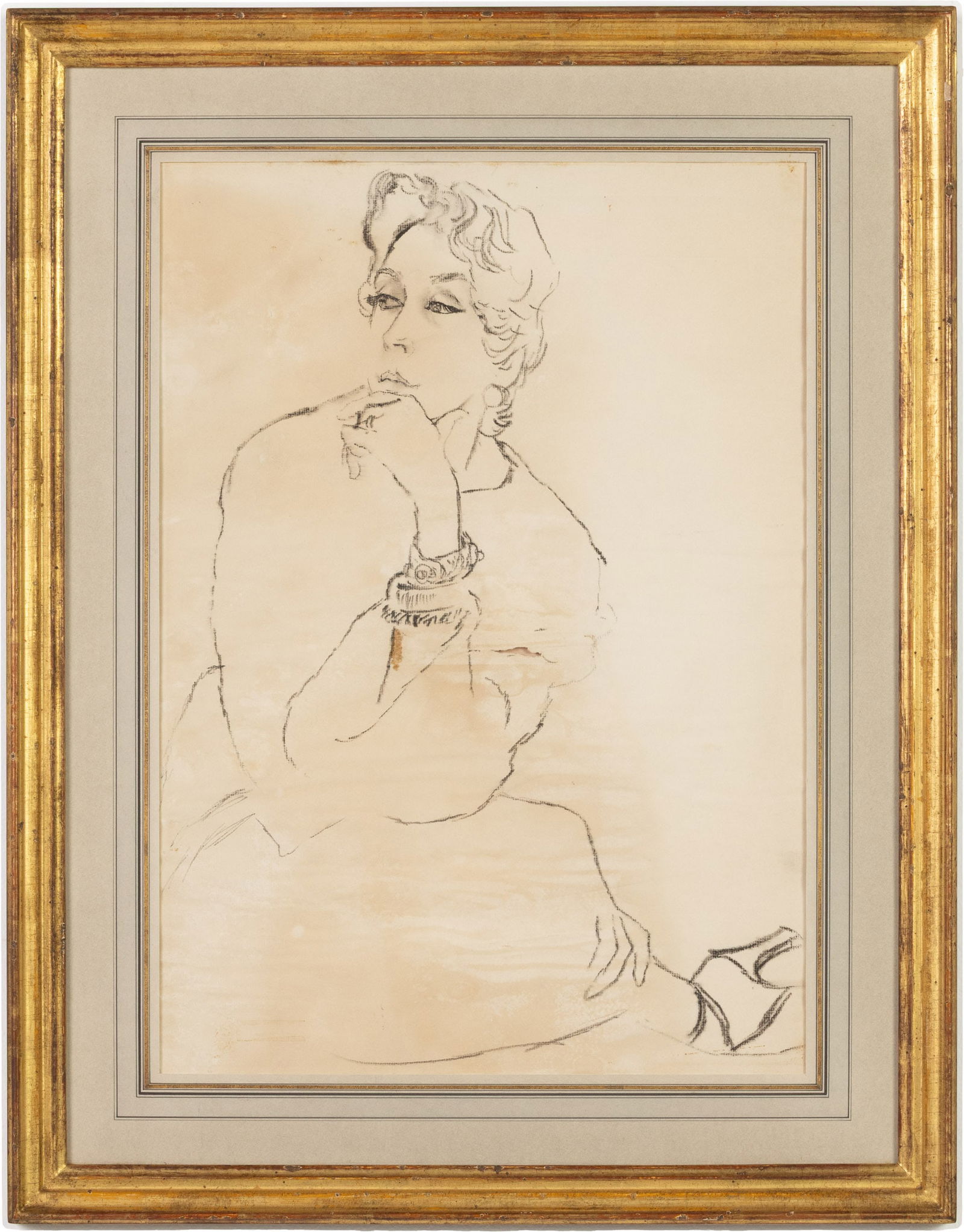 Attrib René Robert Bouché, Seated Woman, Charcoal: Property from the Estate of Arthur B. Kouwenhoven Jr., Savannah, GA Description: Attributed to René Robert Bouché (French/American, 1906-1963), Seated Woman, Charcoal Study, inscribed on verso 'Au