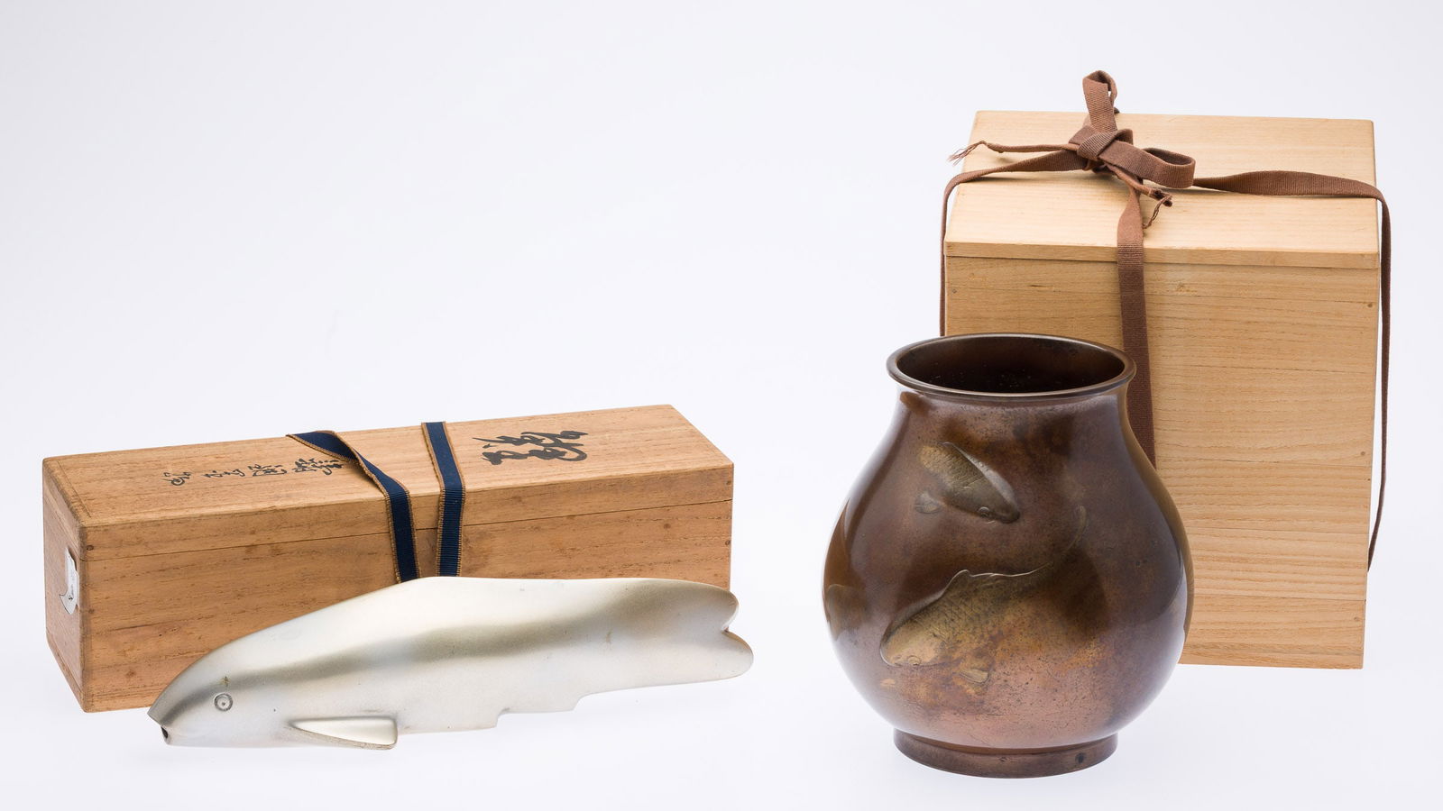 Metal Carp and a Japanese Bronze Vase: Property from the Estate of Arthur B. Kouwenhoven Jr., Savannah, GA Description: Metal Carp and a Japanese Bronze Vase, silver-tone metal carp sculpture and a bronze vase decorated with fish, mark