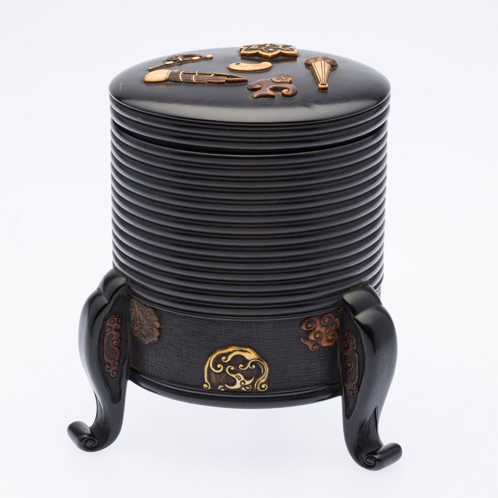 Japanese Hokkai Hardwood Box: Property from the Estate of Arthur B. Kouwenhoven Jr., Savannah, GA Description: Japanese Hokkai Hardwood Box, carved hardwood lidded box with carved bone appliques, with red and green marks on in