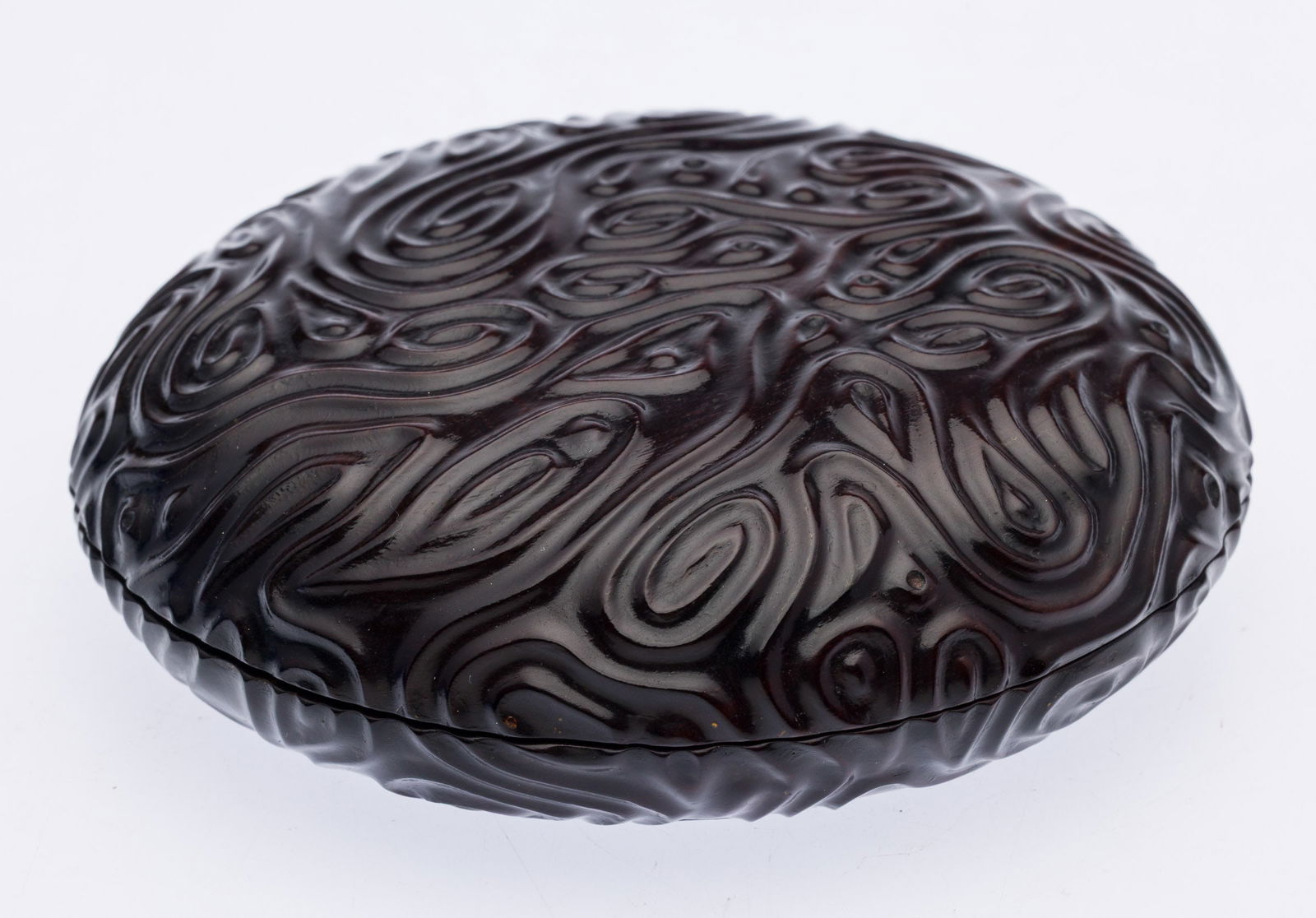 Chinese Carved Wood Box: Property from the Estate of Arthur B. Kouwenhoven Jr., Savannah, GADescription: Chinese Carved Wood Box, round wood box with polished ripples on the surface, marked on underside, with fitted silk