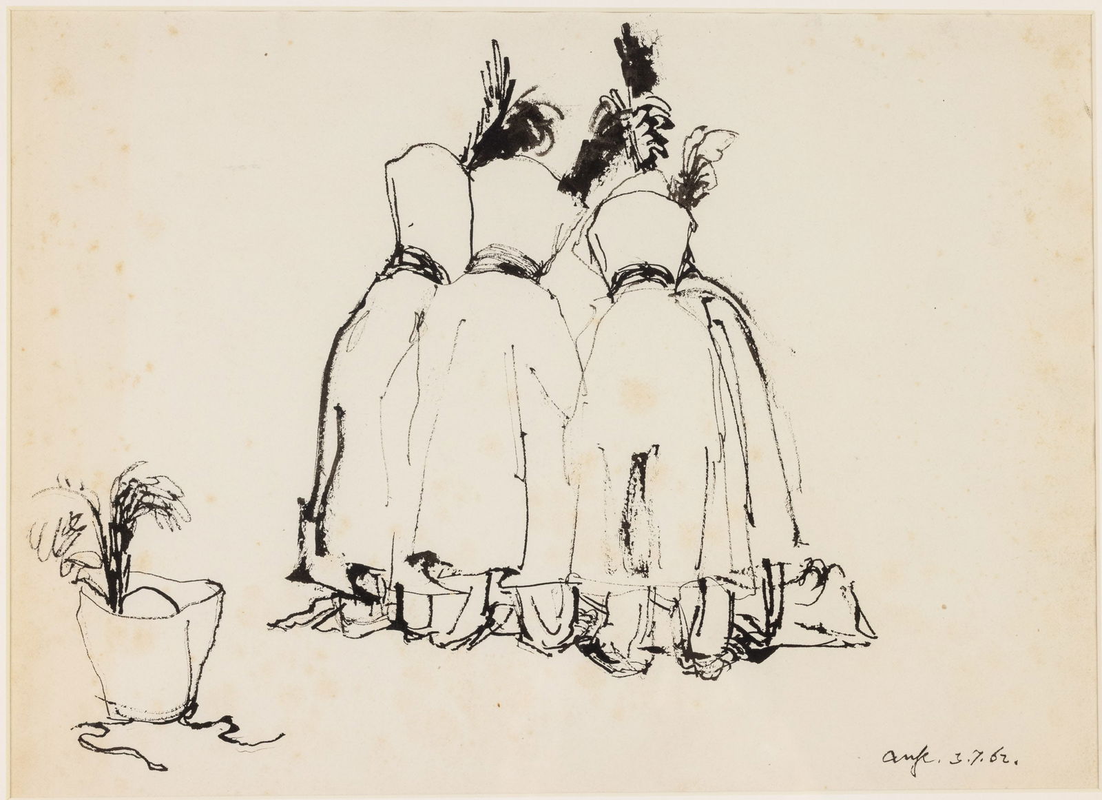 Illegibly Signed, Cloaked Figures, Ink on Paper: Property from the Estate of Arthur B. Kouwenhoven Jr., Savannah, GA Description: Illegibly Signed, Cloaked Figures, Ink on Paper, dated 3-7-62, illegibly signed and dated 3.7.62 lower right, depic