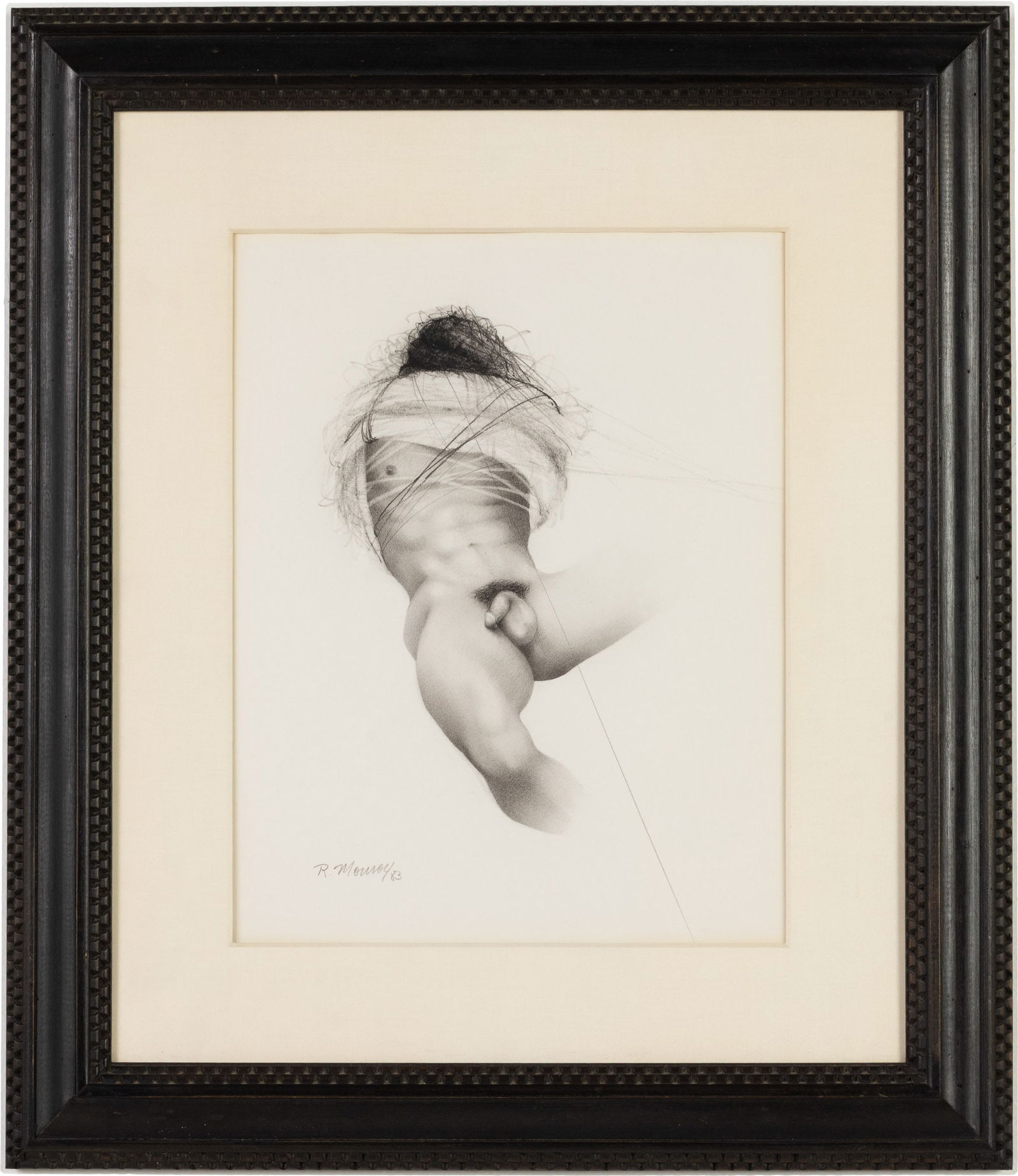 R. Mouroy, Reclining Male Nude, 1983, Pencil: Property from the Estate of Arthur B. Kouwenhoven Jr., Savannah, GA Description: R. Mouroy, Reclining Male Nude, 1983, Pencil on Paper, pencil signed lower left and dated 83, matted and framed. F