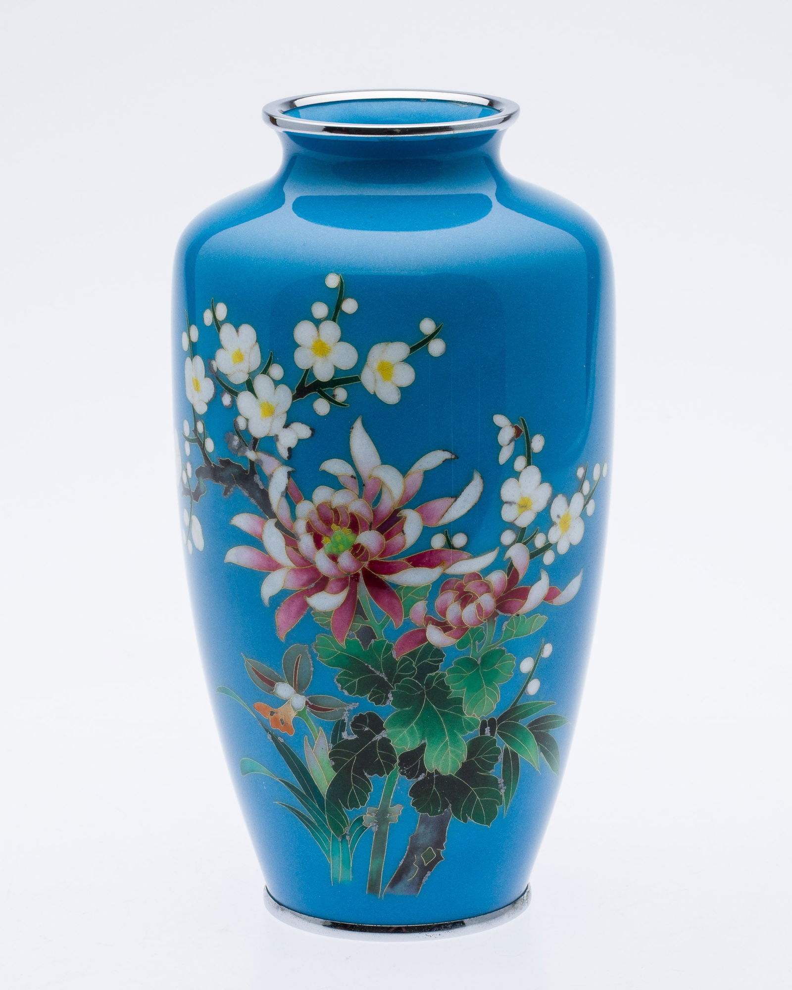 Asian Cloisonne Blue Vase with Flowers: Property from the Estate of Arthur B. Kouwenhoven Jr., Savannah, GADescription: Asian Cloisonne Blue Vase with Flowers, decorated with pink and white flowers on a sky blue ground,