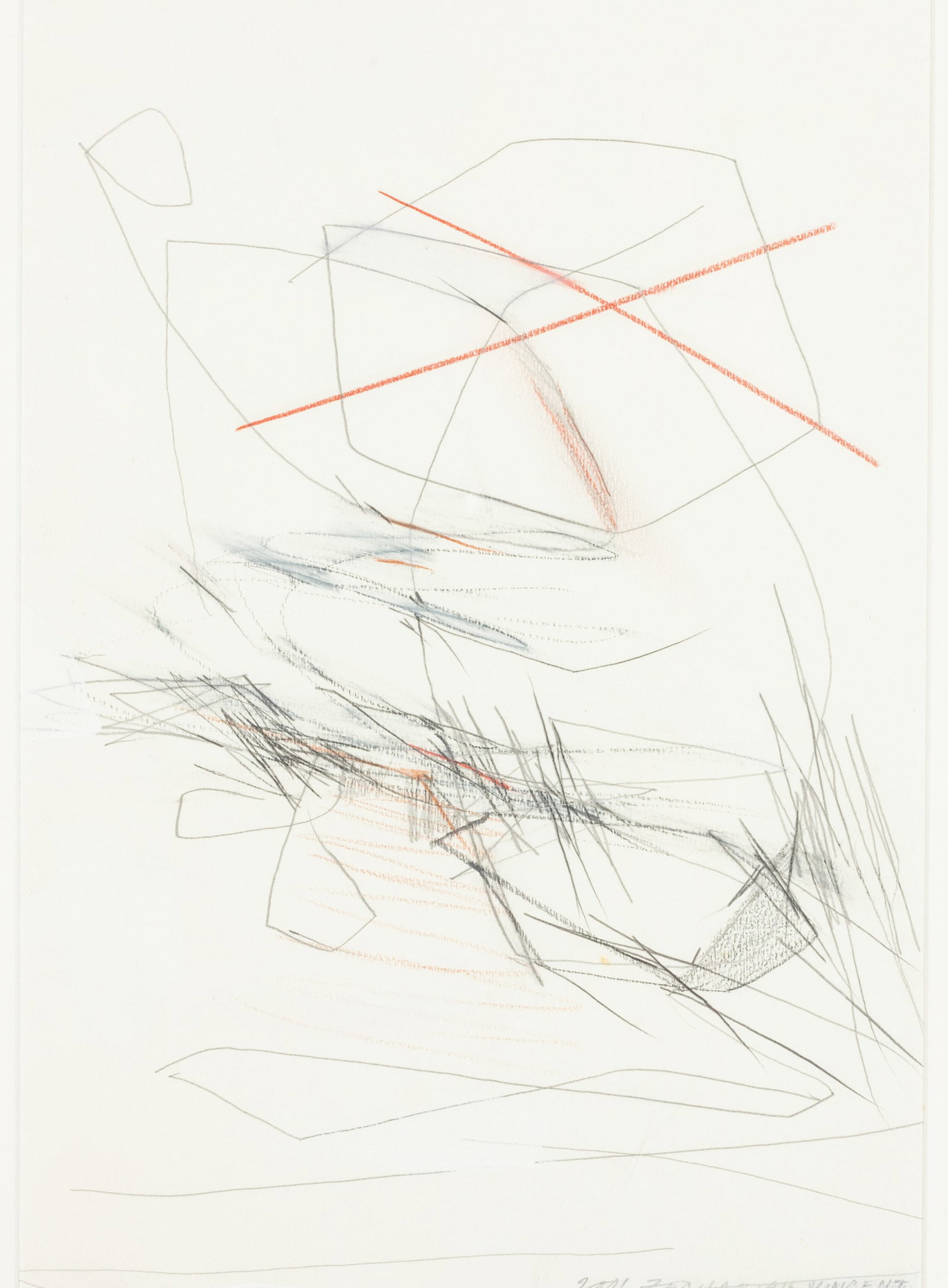 Zechariah Vincent, Abstract, Mixed Media: Property from the Estate of Arthur B. Kouwenhoven Jr., Savannah, GADescription: Zechariah Vincent, Abstract, Mixed Media, pencil signed lower right and dated 2001, an abstract work with red pastel