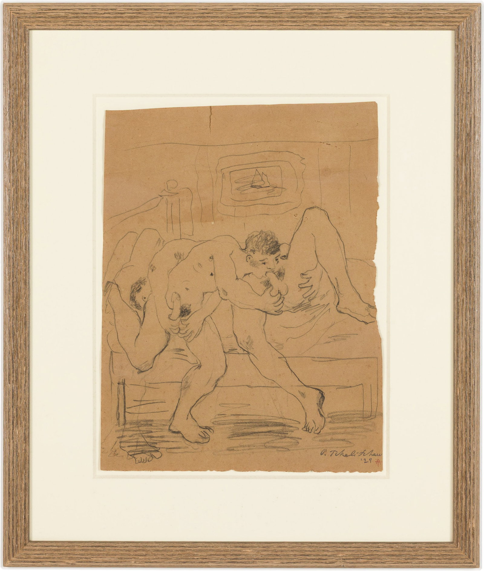 Illegibly Signed, Erotic Sketch, Pencil, 1929: Property from the Estate of Arthur B. Kouwenhoven Jr., Savannah, GADescription: Illegibly Signed, Erotic Sketch, Pencil on Paper, 1929, signed and dated '29 lower right, depicting figures on a bed,