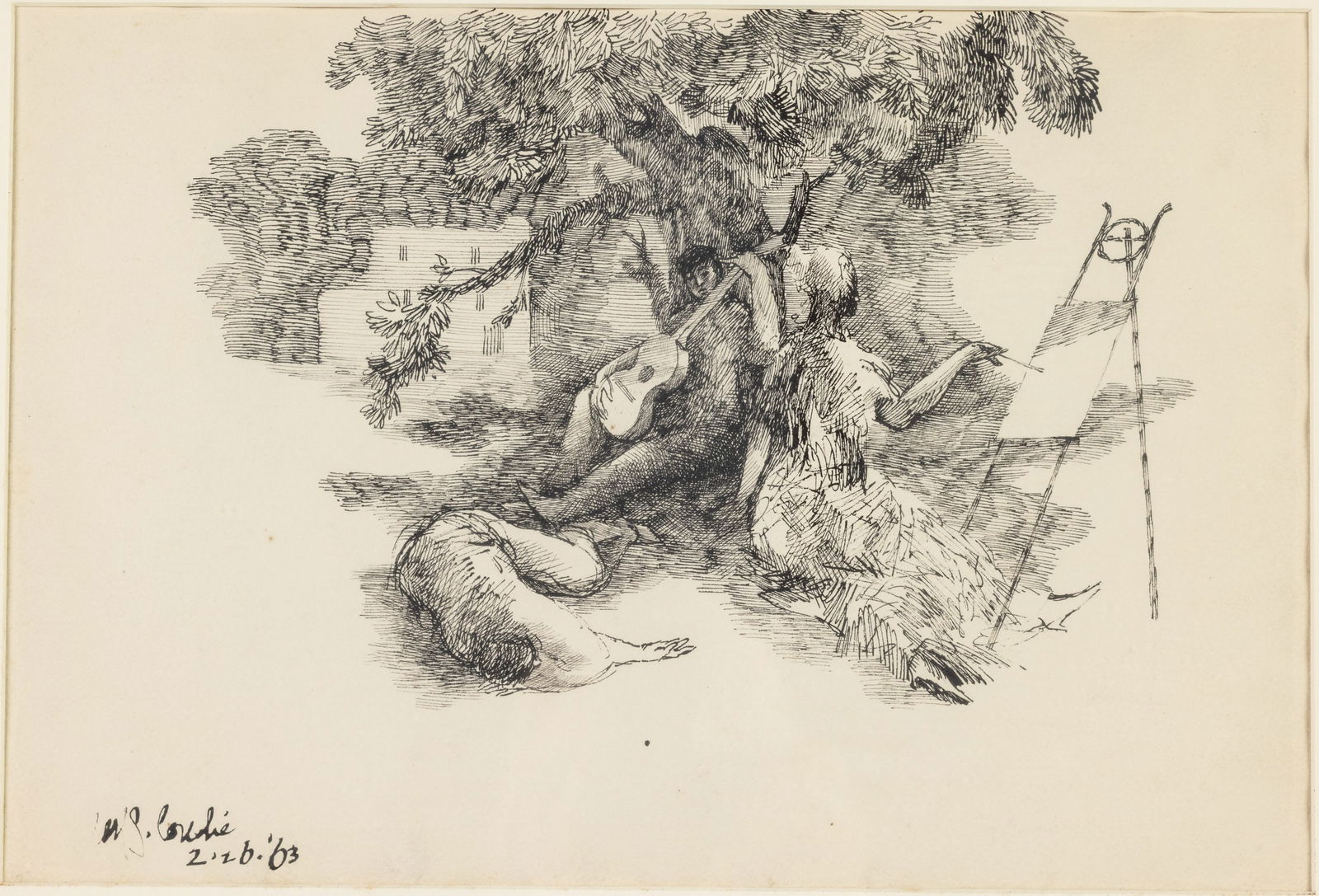 W.S. Couche, Figures Under a Tree, Pen and Ink, 1963: Property from the Estate of Arthur B. Kouwenhoven Jr., Savannah, GA Description: W.S. Couche, Figures Under a Tree, Pen and Ink, 1963, signed and dated 2.26.63 lower left, depicting someone painti