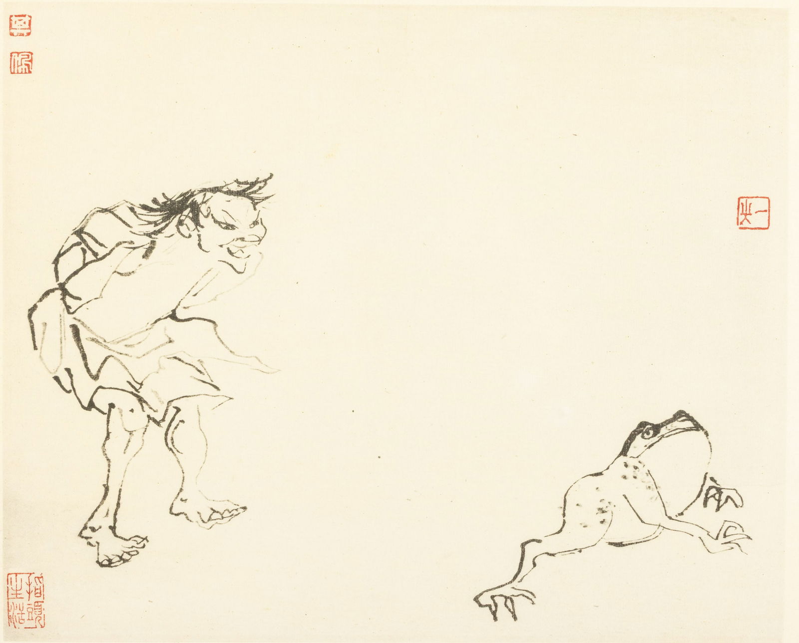 Japanese Print of Man and Frog, Framed: Property from the Estate of Arthur B. Kouwenhoven Jr., Savannah, GADescription: Japanese Print of Man and Frog, Framed, depicting a man chasing a toad mounted on a silk surround. Frame size: 17 in. x