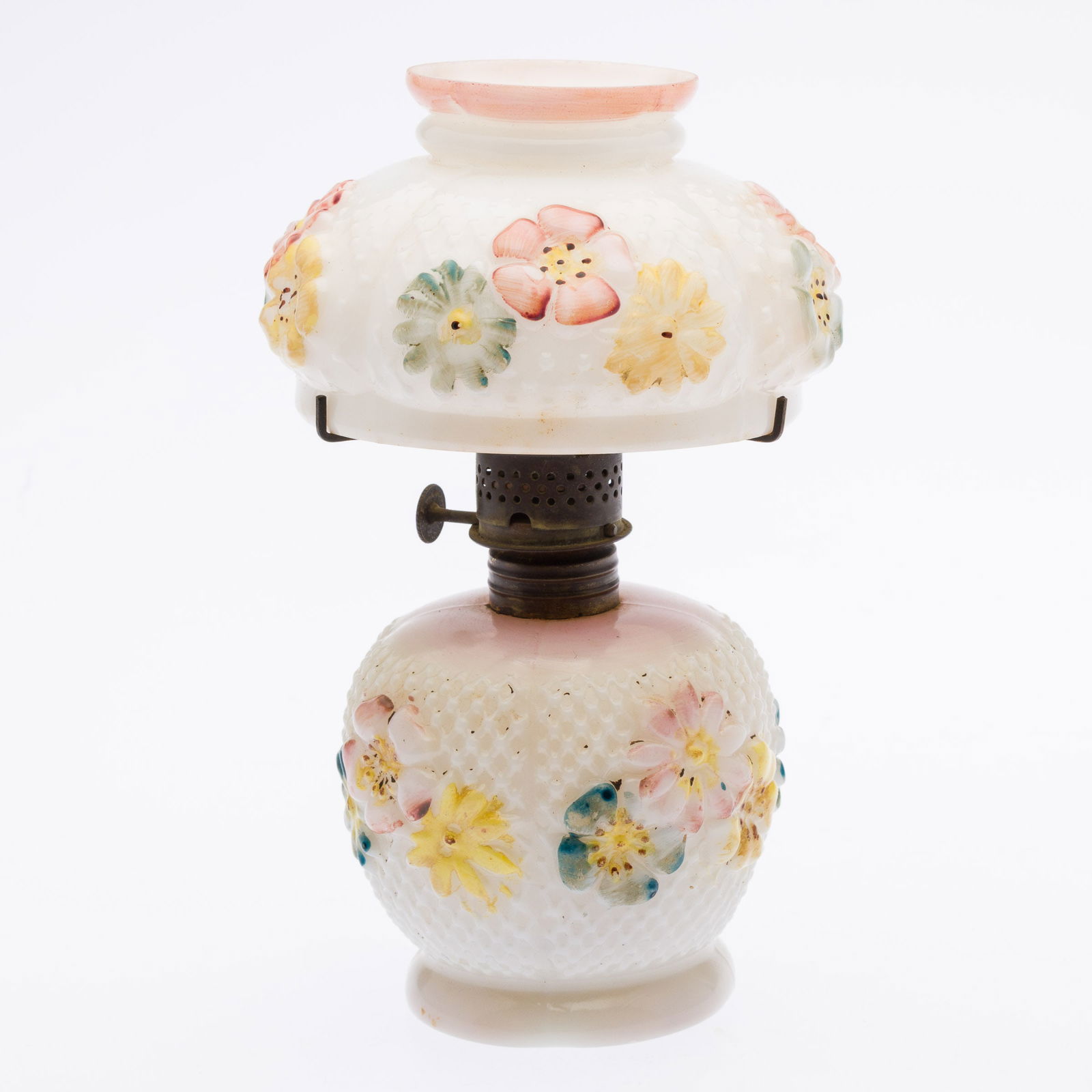 Glass Puffy Fairy Lamp: Property from the Estate of Arthur B. Kouwenhoven Jr., Savannah, GADescription: Glass Puffy Fairy Lamp, with white glass lamp base and shade, decorated with blue, yellow and pink