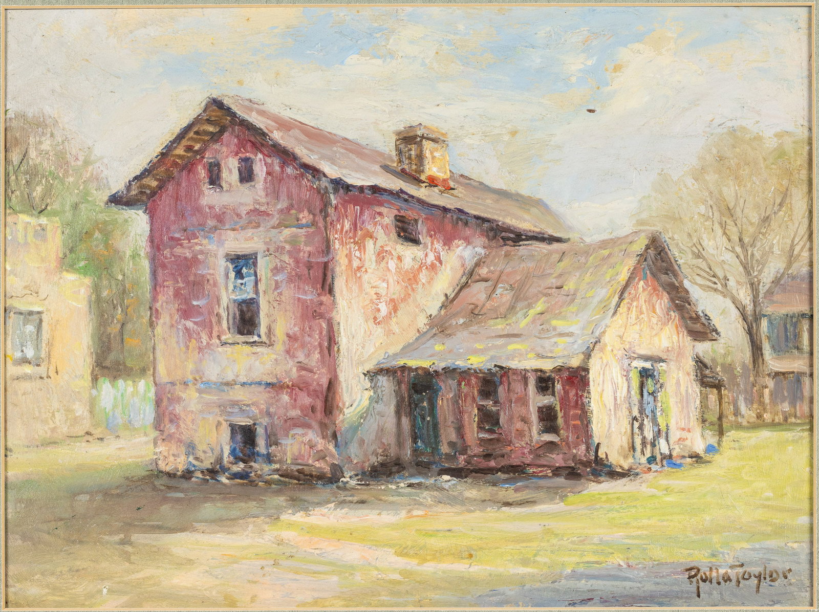 Rolla Sims Taylor (1872 - 1970 Guilbeau Slave Cabin: Description: Rolla Sims Taylor (Texas, 1872 - 1970), Guilbeau Slave Cabin , Oil on Board, signed lower right, depicting a red cabin, matted and framed. Frame size: 23 in. x 27 in. Rolla T