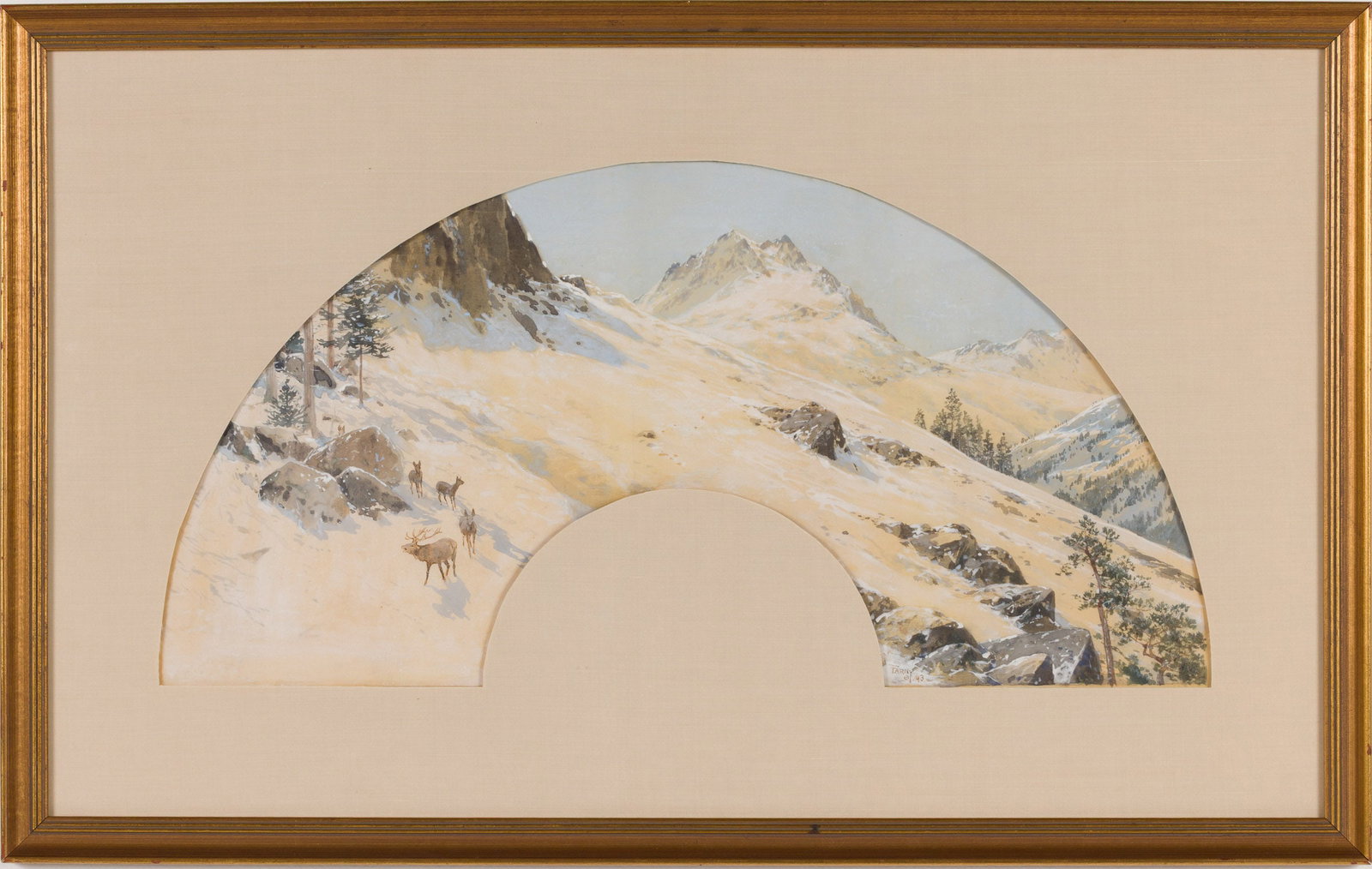 Henry Farny, Snow Cap Mountains, 1893, Gouache: Property of a Private Collector, Savannah, GA Description: Henry Farny (OH/CA, 1847-1916), Snow Cap Mountains with Deer, 1893, Gouache on Silk, signed 'Farny' and dated '/93' on lower right corner