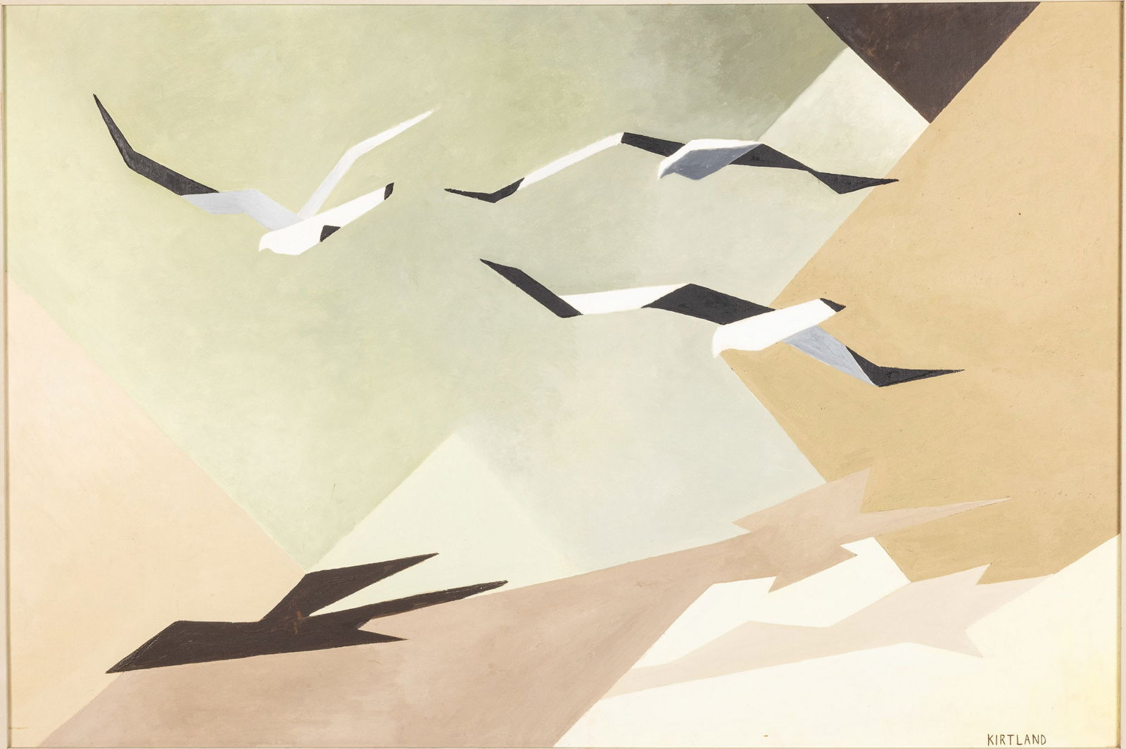 Helen Kirtland, Gulls, Oil on Board: Property of a Private Collector, Savannah, GA Description: Helen Kirtland, Gulls, Oil on Board, signed lower right, depicting three seagulls in flight against a geometric background, with 1961 ent