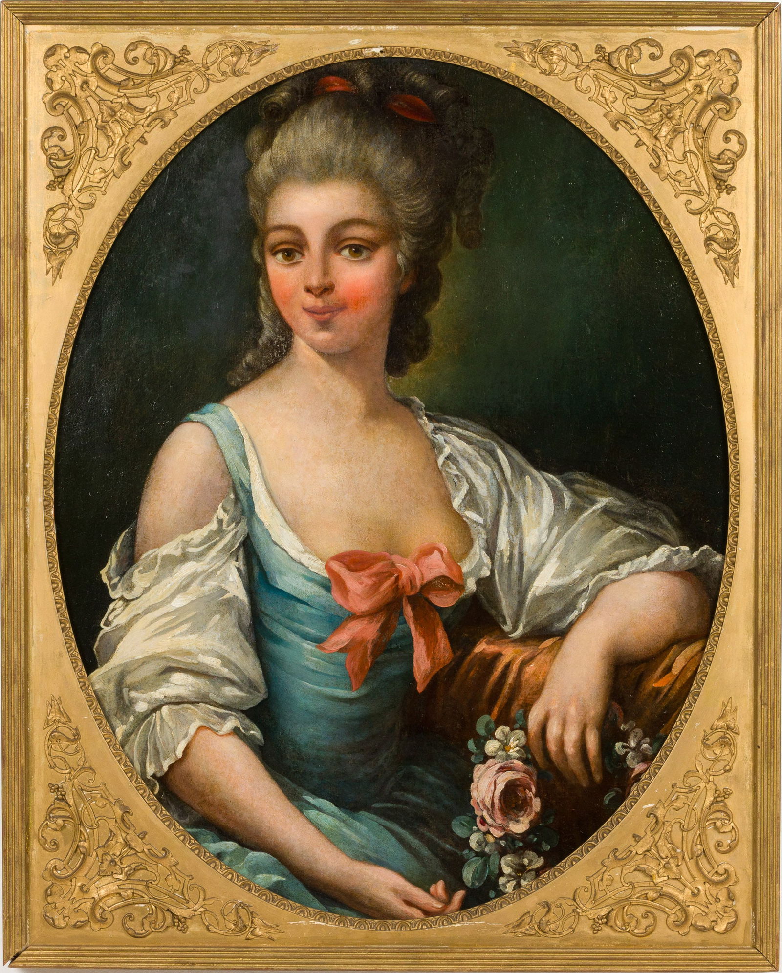 Unsigned, Woman in 18th Century Dress, c. 1920's: Property from a Savannah, GA EstateDescription: Unsigned, Portrait of a Woman in 18th Century Dress, c. 1920's, painted in an oval, the woman in blue dress with white sleeves and pink bow, in a