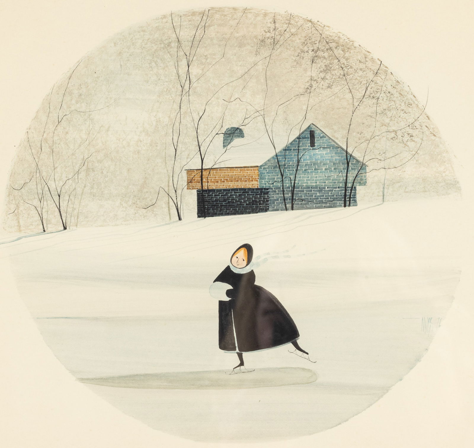 P. Buckley Moss (b. 1933), Woman Ice Skating, W/C: Property from a Private Collection, Bluffton, SCDescription: P. Buckley Moss (VA/NY, b. 1933), Woman Ice Skating, Watercolor, signed and dated '76 mid right side, depicting a woman with muff