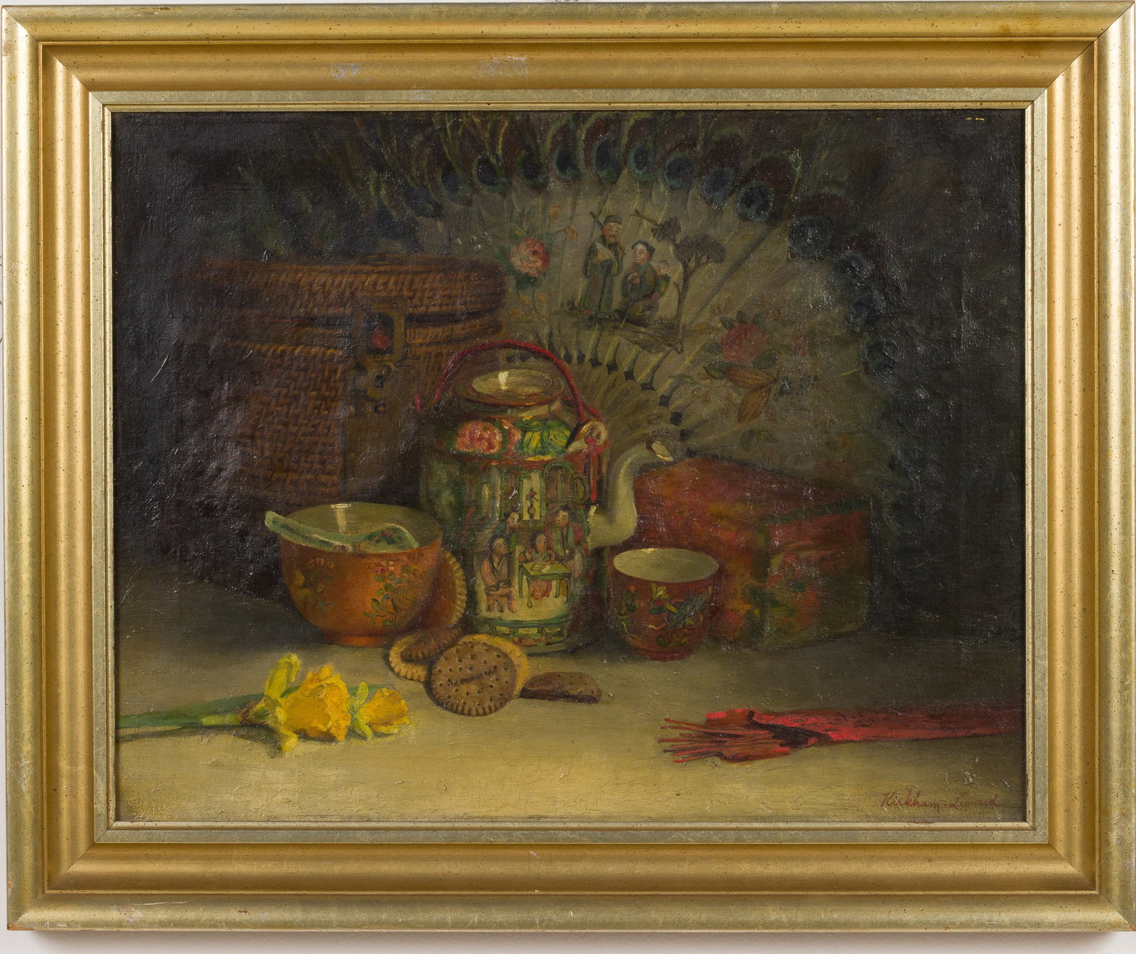 Kirkham Leonard, Asian Themed Still Life, O/C: Description: Kirkham Leonard, Asian Themed Still Life, Oil on Canvas, signed lower right, depicting Chinese Famille Rose teapot, cups, fan and daffodils, in a silvered wood frame. Frame size: 21 3/4