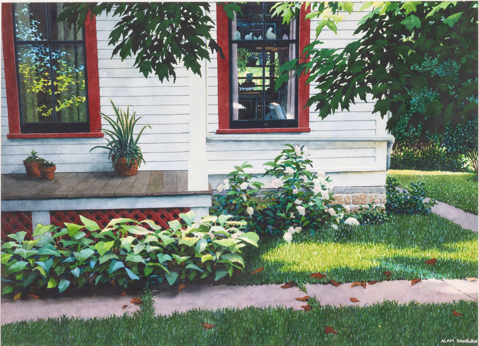 Alan Sanborn (CA, 20th C), House and Garden, WC: Property of an Atlanta CollectorDescription: Alan Sanborn (CA, 20th C), House and Garden, Watercolor, signed lower right corner, depicting a view of a house surrounded by greenery, matted in a