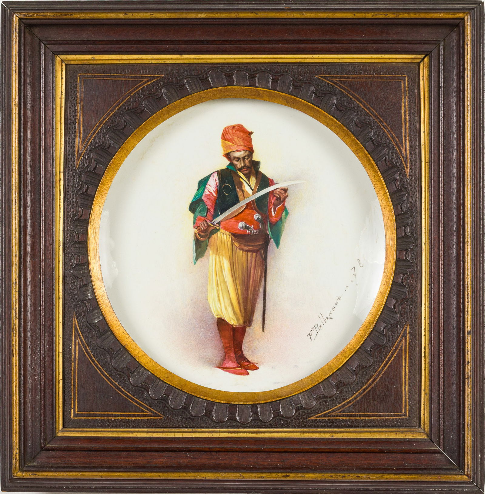 Framed Porcelain Cabinet Plate, Signed F. Bellanger: Description: Framed Hand-Painted Porcelain Cabinet Plate, Signed F. Bellanger, signed lower right and dated '78, depicting a turbaned man with sword, the back of plate stamped B & Cie, width of p