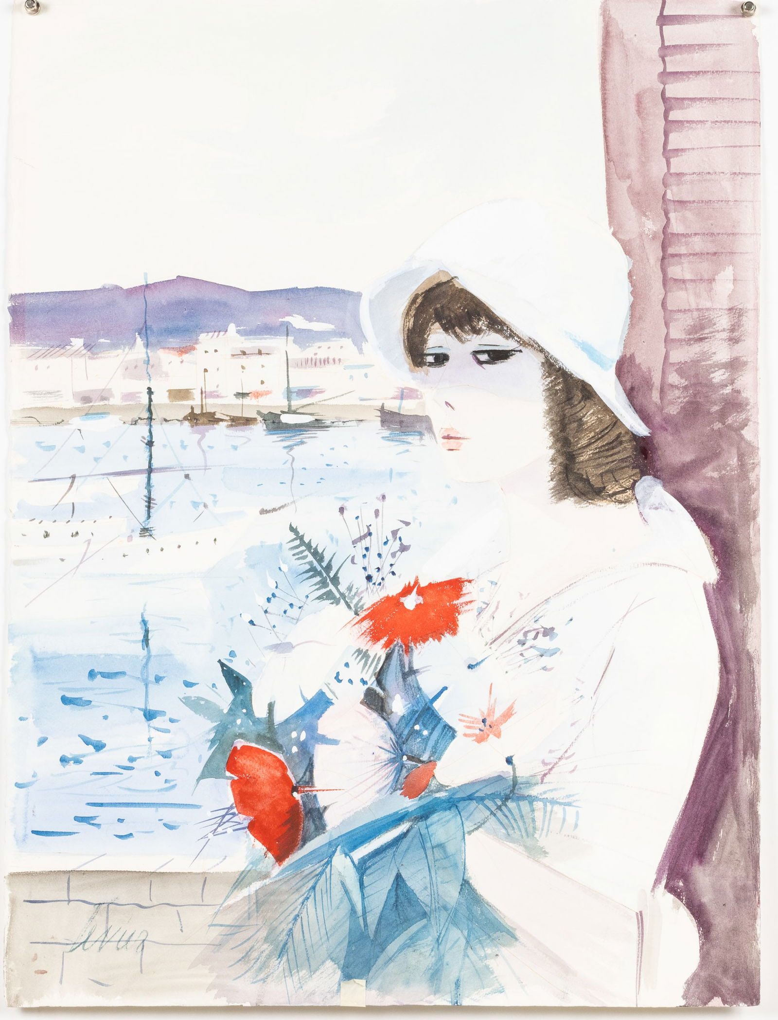 Charles Levier (1920-2003), Woman with Flowers, W/C (1 of 10)