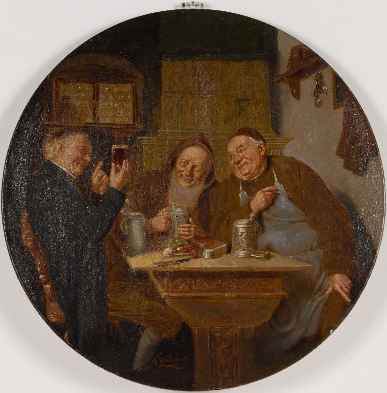 Eduard von Grutner (1846-1925), Tavern Scene w Monks: Property from a Savannah, GA EstateDescription: Eduard von Grutner (German, 1846-1925), Tavern Scene with Monks, Oil on Metal, signed lower left, depicting two monks and a businessman at a tavern