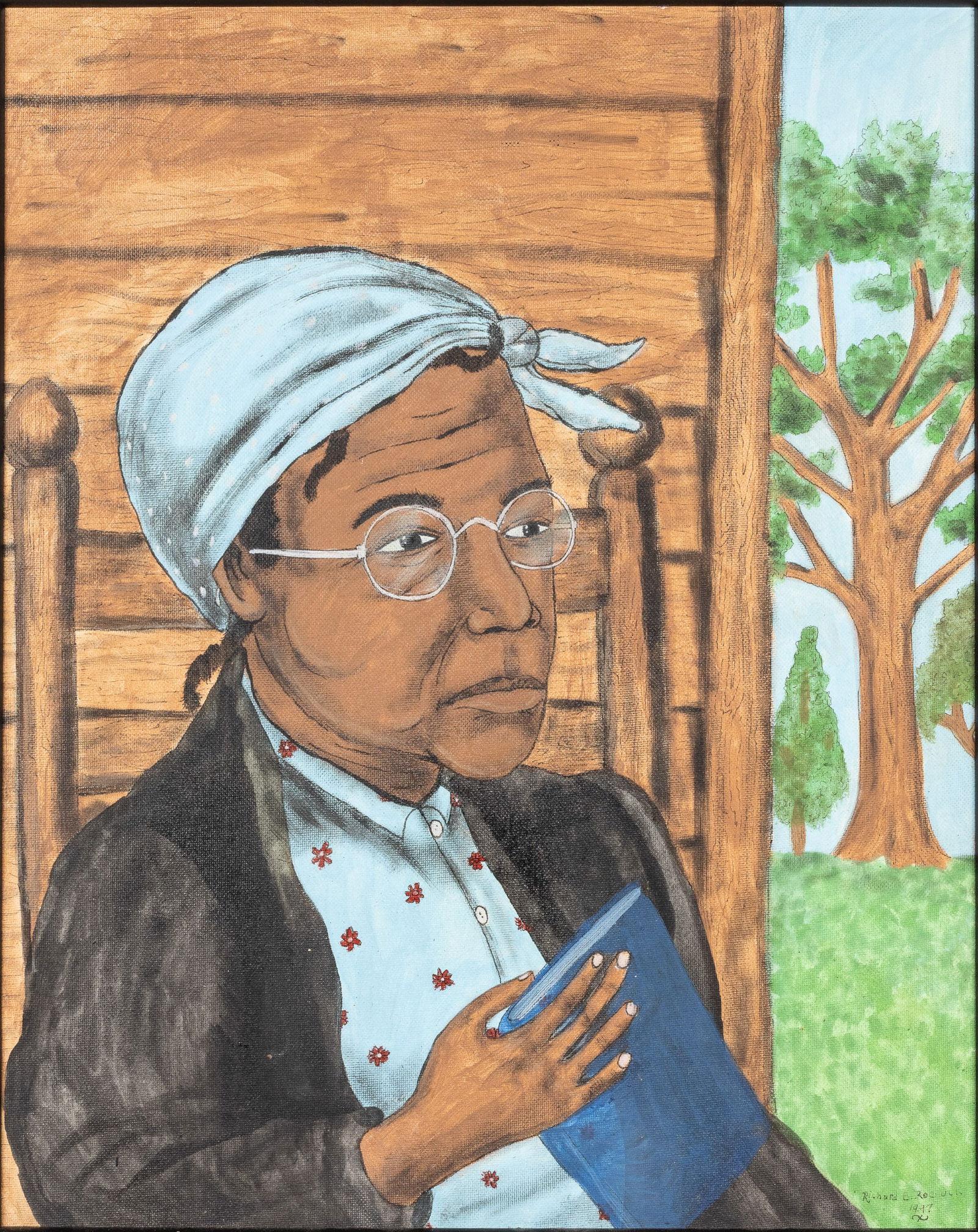 Richard E. Roebuck (b. 1960), Woman with Book, 1997: Description: Richard E. Roebuck (American, b. 1960), Woman with Book, 1997, Acrylic on Board, signed lower right and dated 1997, depicting a portrait of a woman seated in a rocking chair and hold