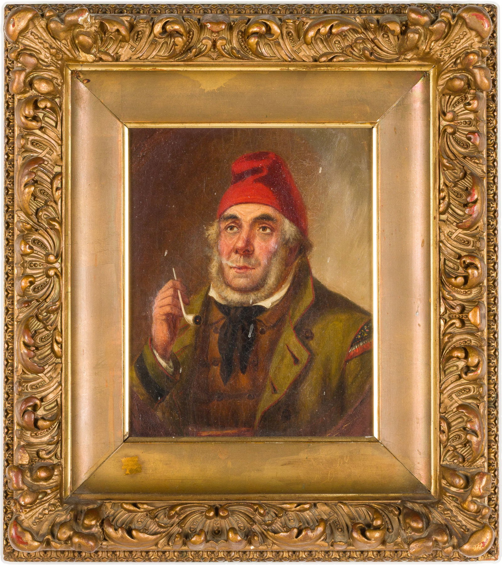 European School, Portrait of an Old Man, O/C: Description: European School, Portrait of an Old Man with Red Cap and Pipe, Oil on Canvas, unsigned, depicting a bearded gentleman with red cap and pipe, in a giltwood frame. Frame size: 17 1/2 i