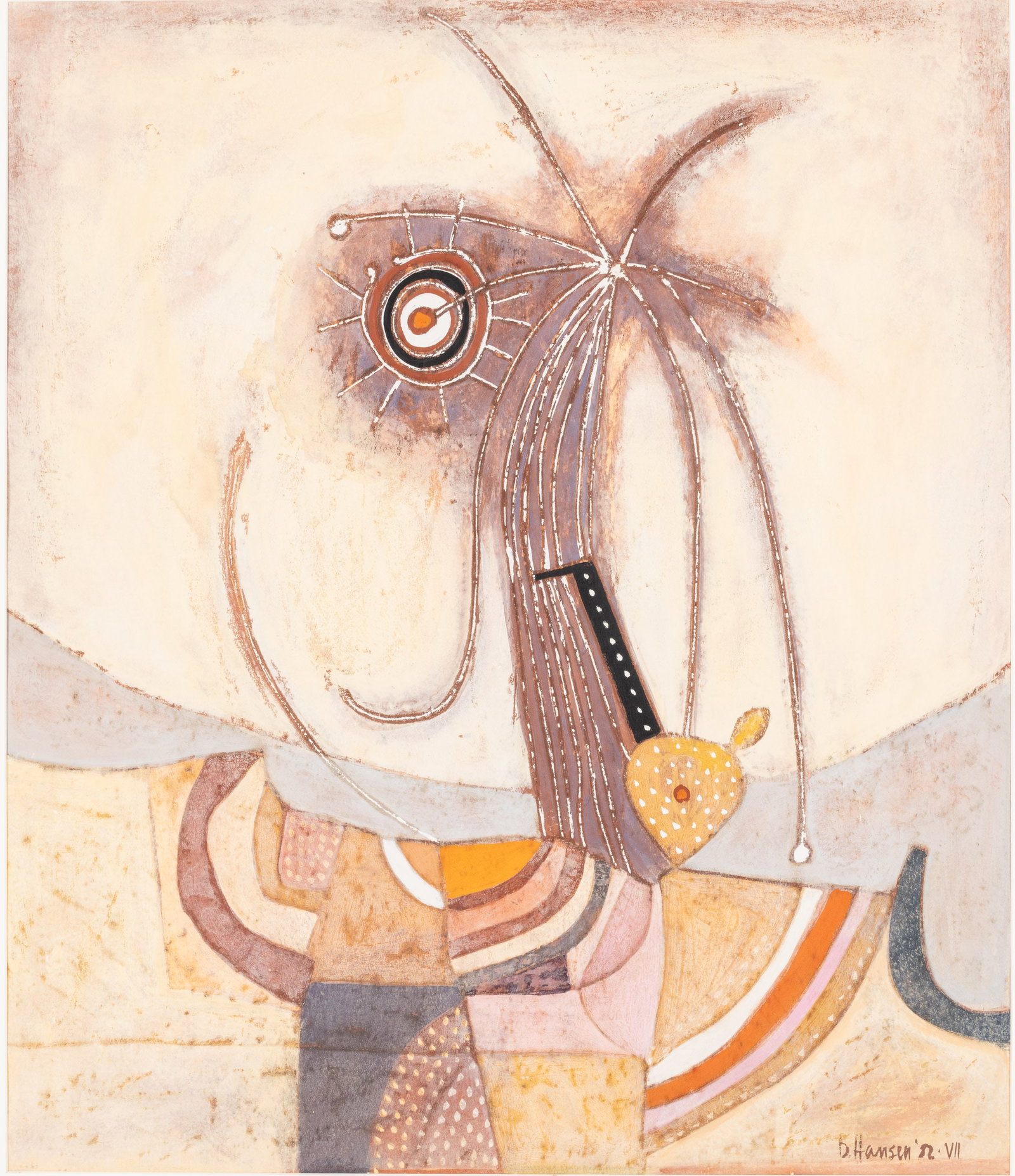 Diane Hansen (American, 20th C), Spider Woman, M/M: Description: Diane Hansen (American, 20th C), Spider Woman, Mixed Media, signed and numbered 8 bottom right corner. Gallery tag with title and dated 1982, an abstract in tones of purple, beige, b