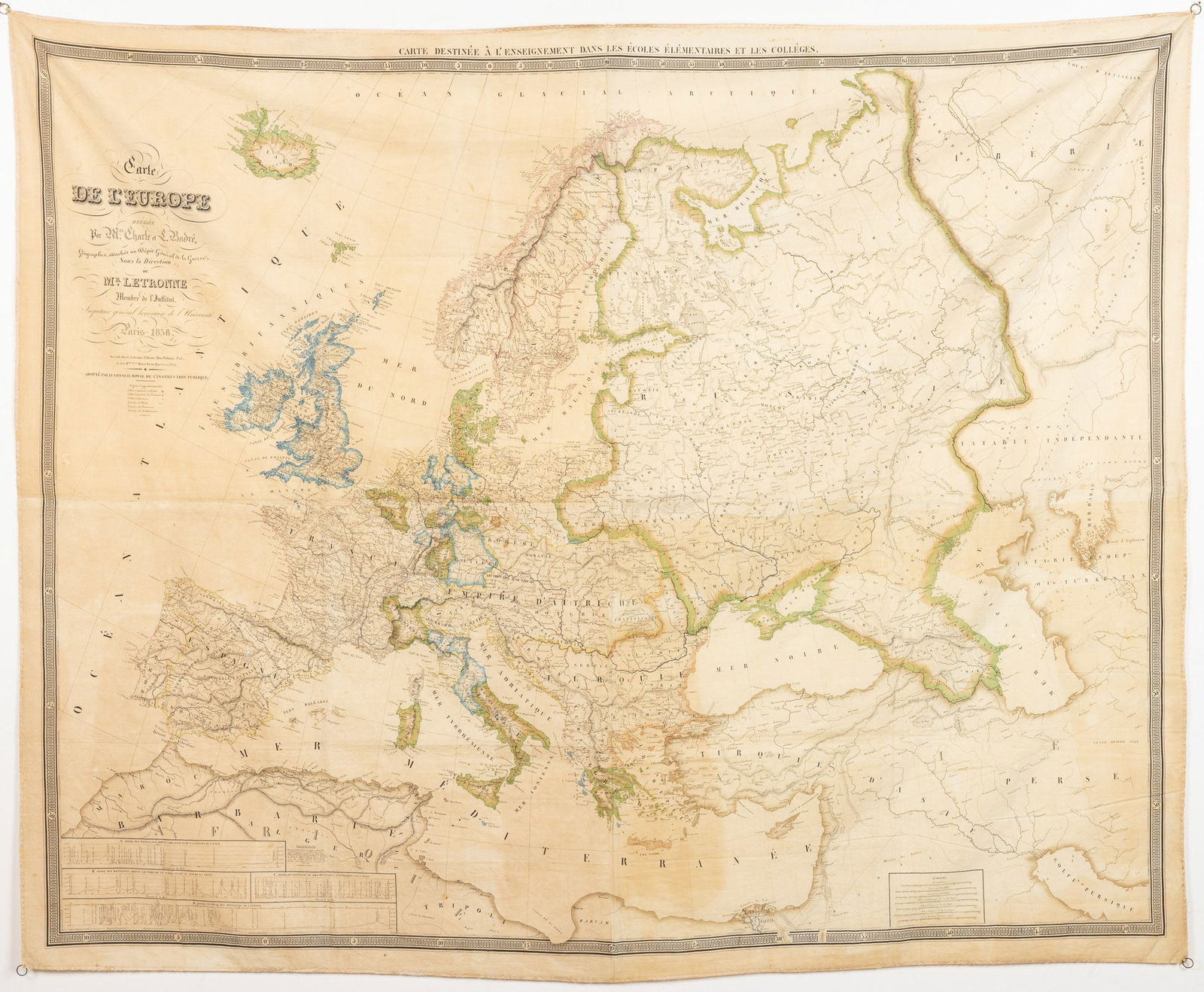 Letronne French Printed Fabric Map of Europe, 19th C: Property of a Private Collector, Savannah, GADescription: Letronne French Printed Fabric Map of Europe, 19th C, with titling 'Carte de L'Europe, dressee, par Mrs. Charle el L. Badre, Geographes,