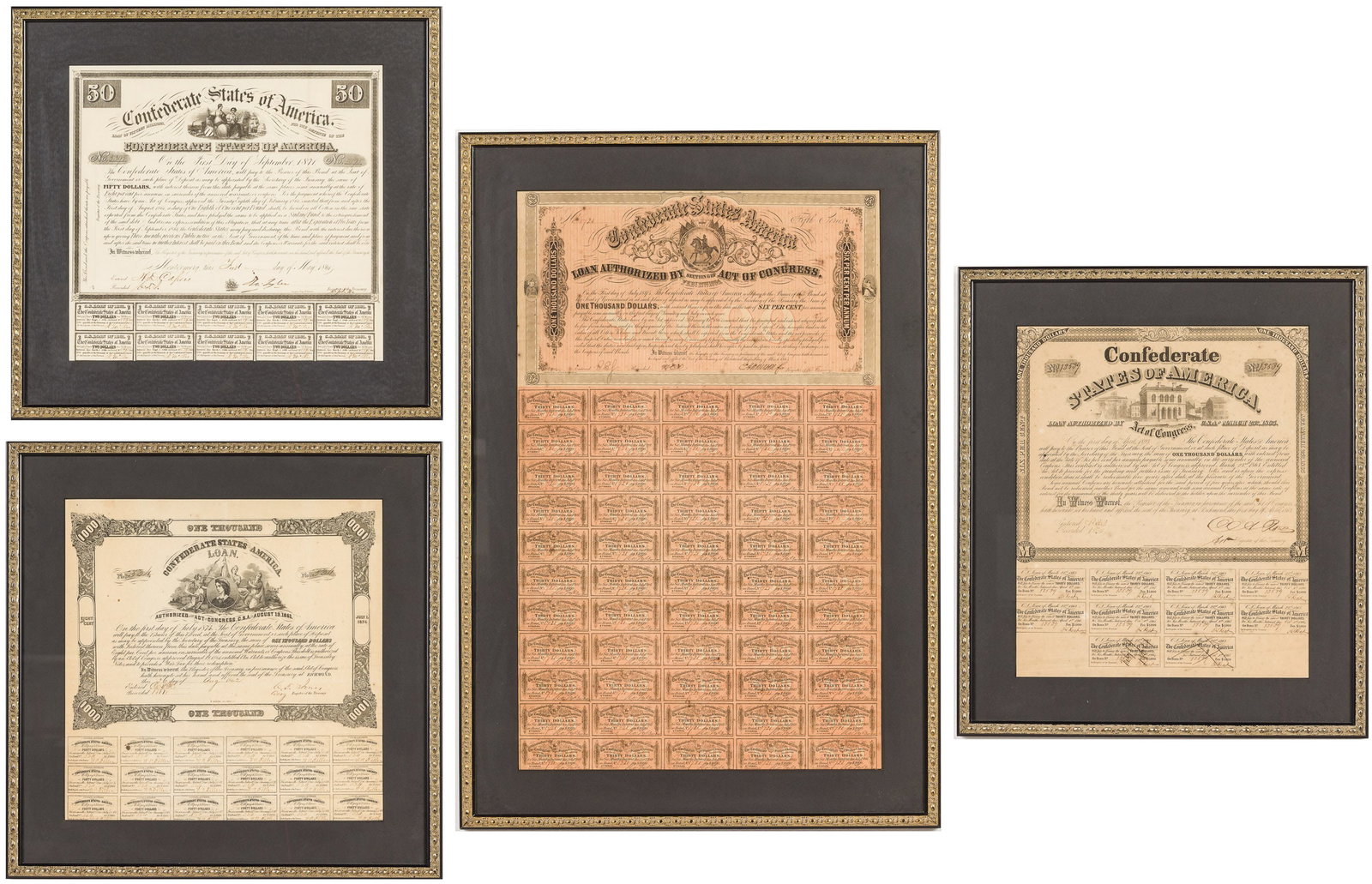 4 Framed Confederate War Bonds: Description: 4 Framed Confederate War Bonds, comprising a Feb. 17th 1864 $1000 Confederate States of America bond sheet printed by Evans and Cogswell, Columbia, SC due on July 1st 1894, engraved by