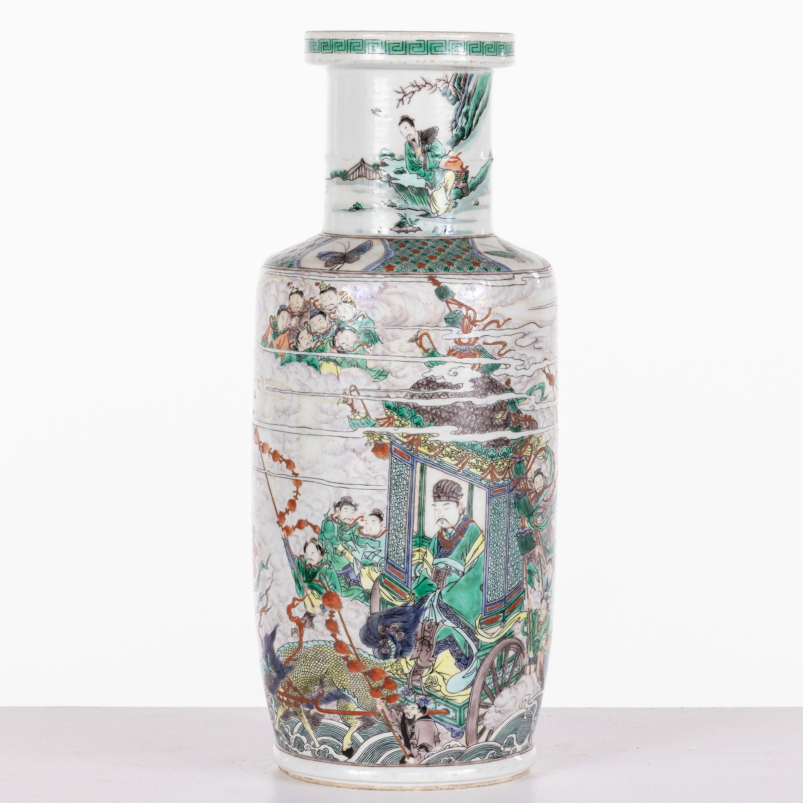 Chinese Wucai Vase: Description: Chinese Wucai Vase, decorated with butterflies and processional scenes, marked on underside in blue. Measurements: Height: 18 in. x Width: 6 1/2 in. x Depth: 6 1/2