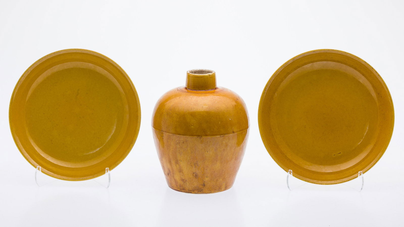 Chinese Yellow Ceramic Plates and a Vase (1 of 14)