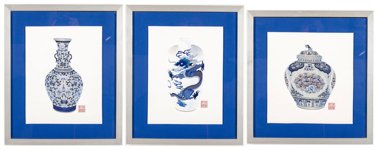3 Chinese Framed Embroideries of Blue & White Vases (1 of 15)