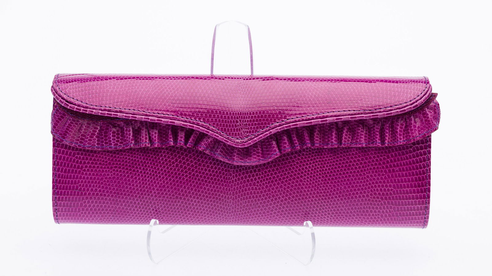 Lana Marks Purple Lizard Clutch with Strap: Property from a Private Collection, St. Simons Island, GADescription: Lana Marks Purple Lizard Clutch with Strap, purple lizard clutch with interchangeable flap details, including a ruffled leather