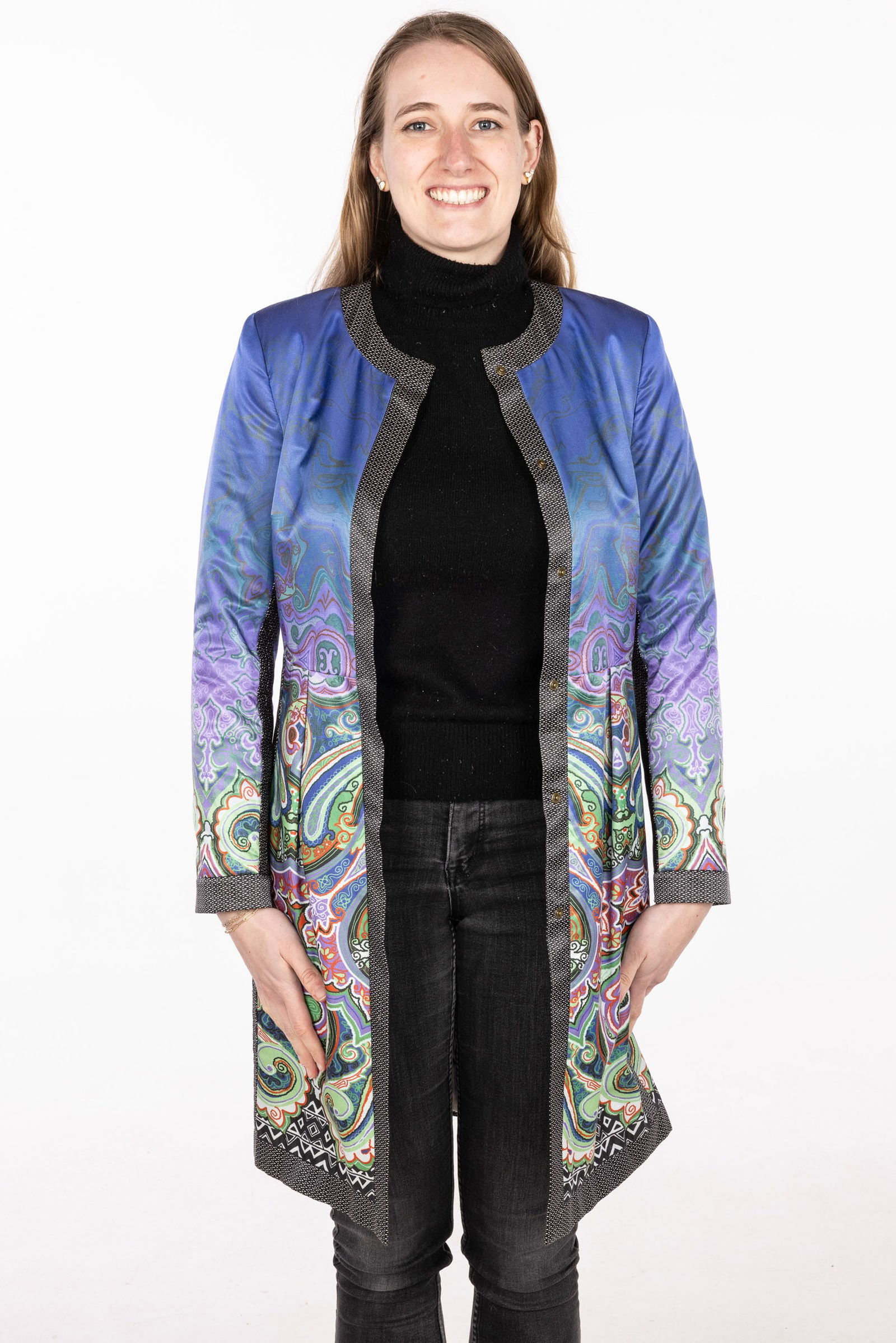 Etro Purple Paisley Long Jacket, Size 44: Property of a Private Collector, Savannah, GADescription: Etro Purple Paisley Long Jacket, Size 44, with Etro Milan label on interior, with metal snap buttons and striped lining.Measurements: