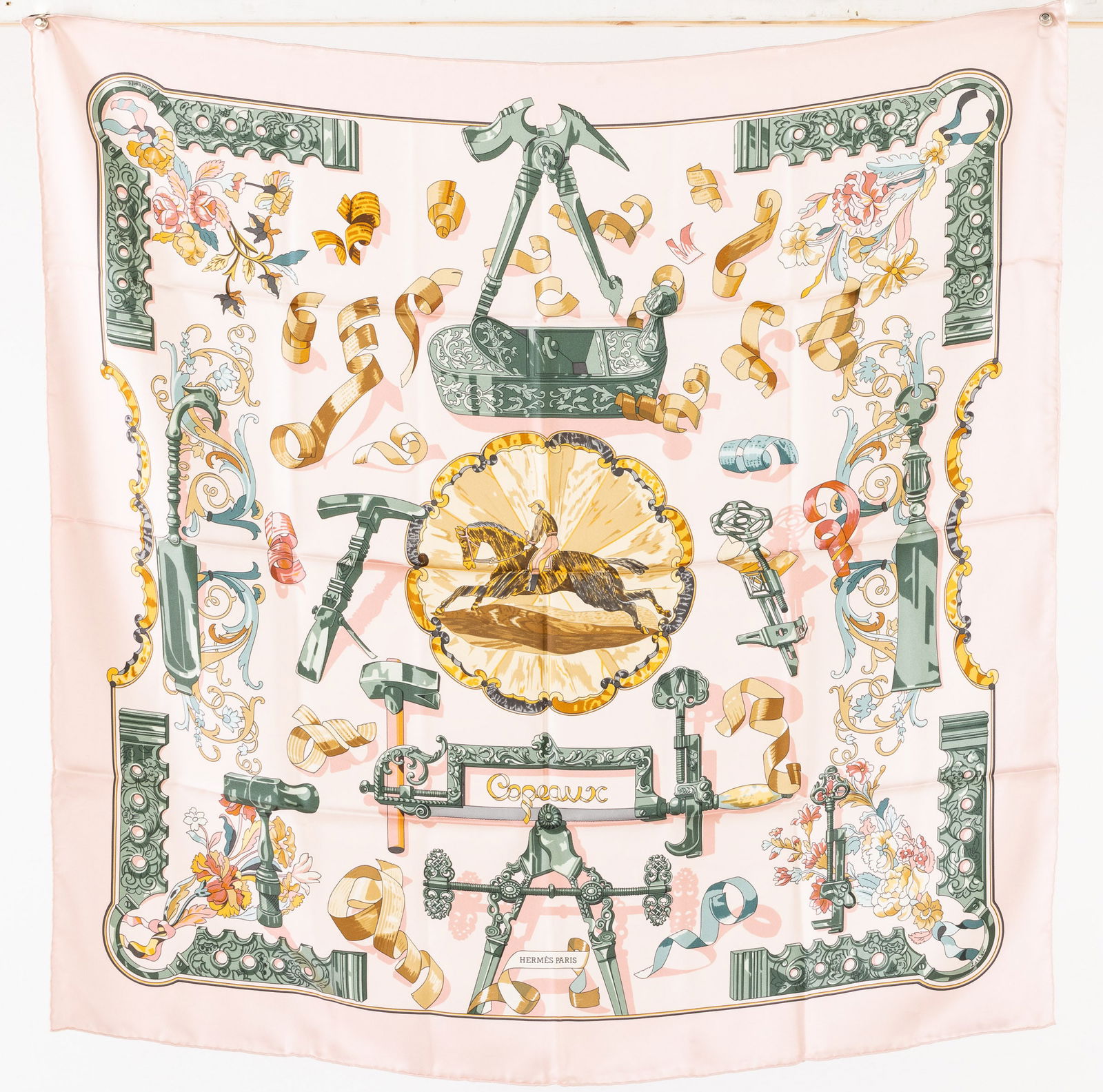 Hermes Copeaux Silk Scarf by Caty Latham, with Box: Property from a Private Collection, St. Simons Island, GADescription: Hermes Copeaux Silk Scarf by Caty Latham, with Box, designed in 1998, depicting wood shavings and tools, with inner and outer