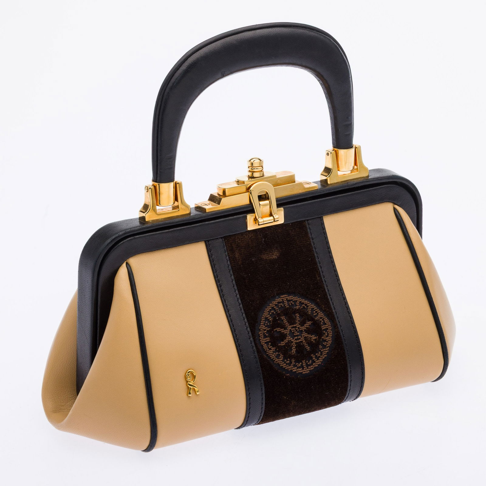 Vintage Roberta Di Camerino Mini Bogonghi Bag: Property from a Private Collection, St. Simons Island, GADescription: Vintage Roberta Di Camerino Leather and Velvet Mini Bogonghi Bag, tan leather with plush velvet panel, leather covered handle,