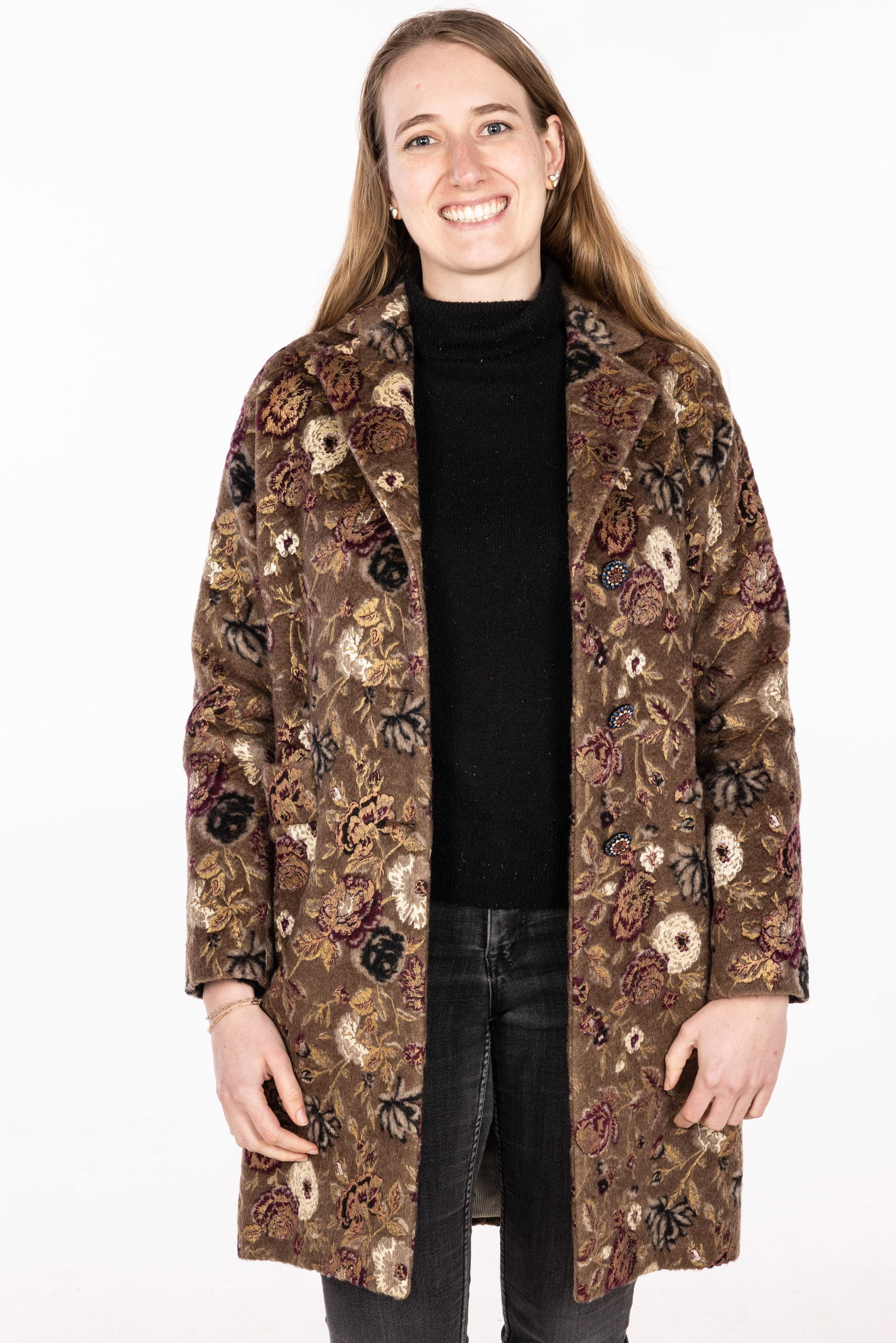 Etro Painted Wool Coat, Size 44: Property of a Private Collector, Savannah, GA Description: Etro Painted Wool Coat, Size 44, with Etro Italy label on interior with decorative floral buttons and striped lining. Measureme