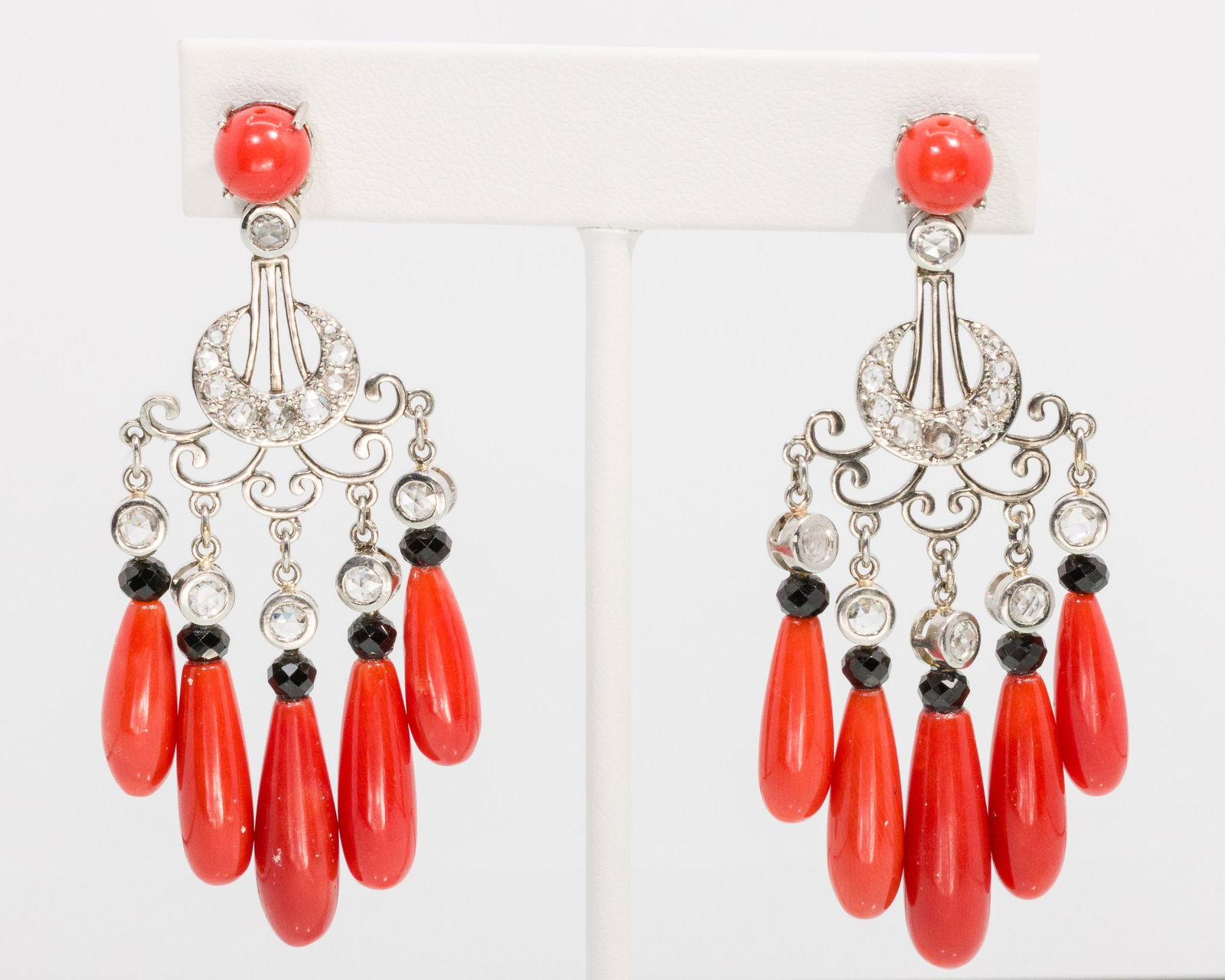 Coral, Diamond and Platinum Chandelier Earrings (1 of 4)