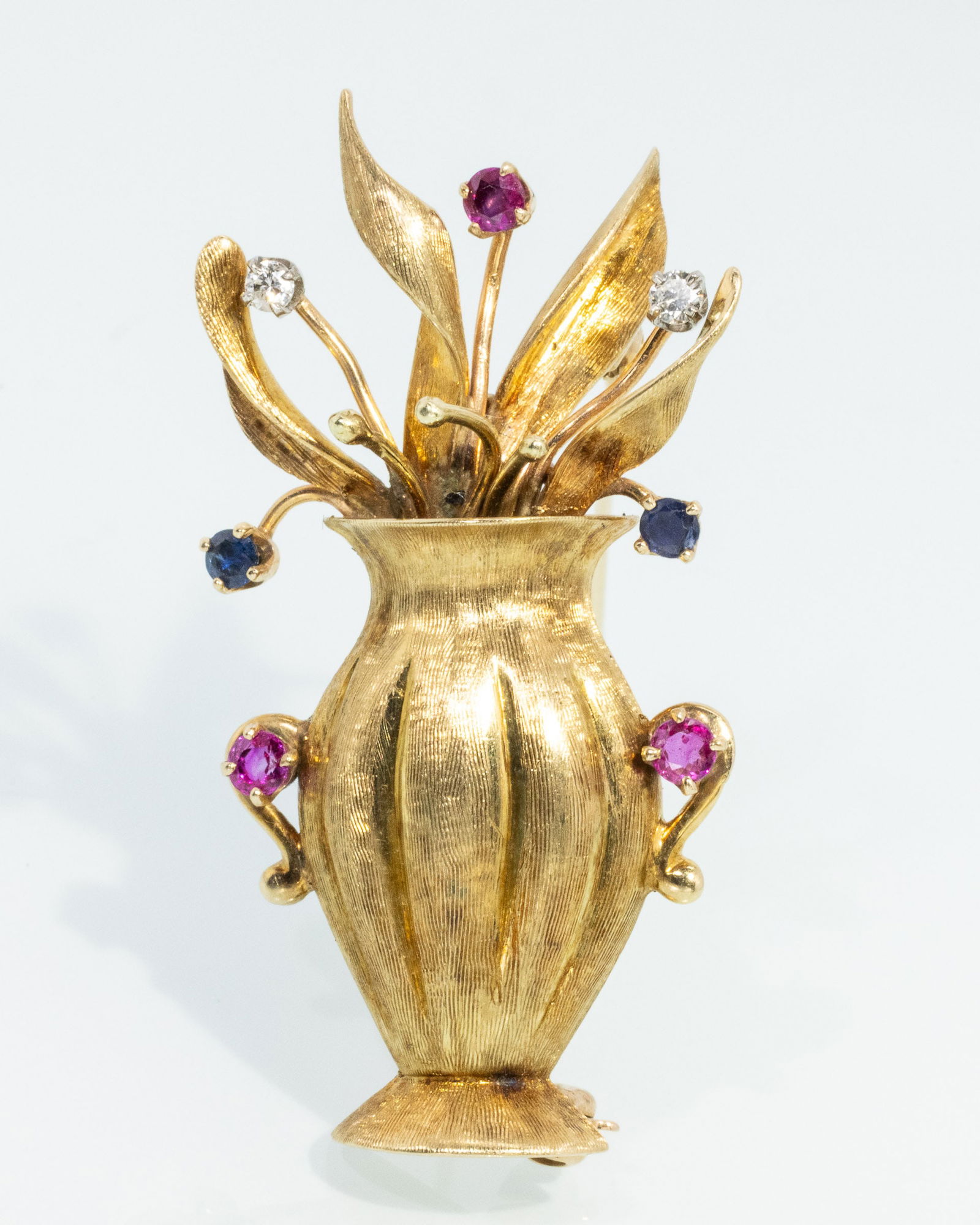 14K Gold and Sapphire Vase Pin: Property from a Private Collection, Jacksonville, FLDescription: 14K Gold and Sapphire Vase Pin, 14K yellow gold featuring two blue sapphires, three rubies and two diamonds, with stickpin at back,