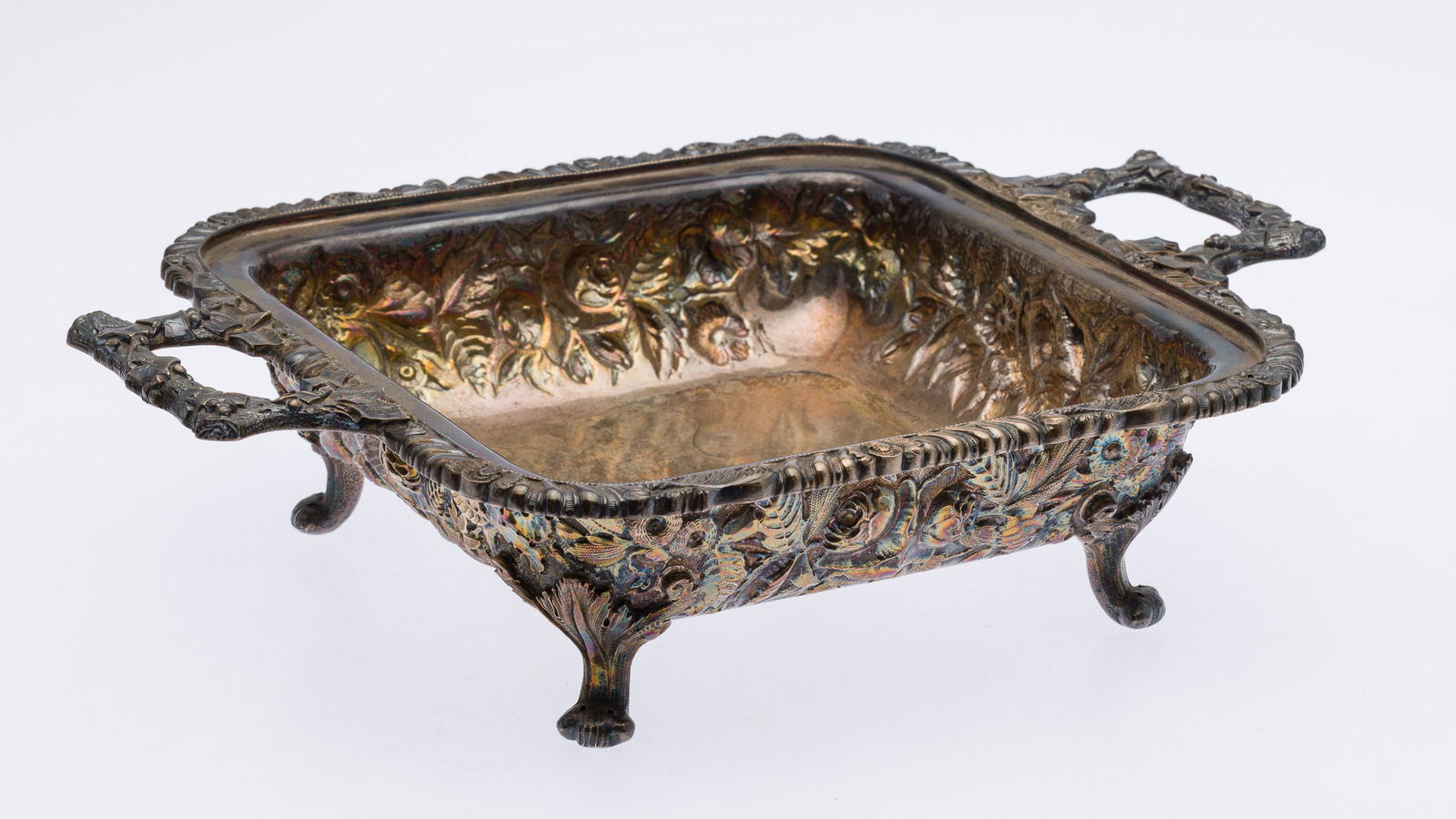 S. Kirk & Son Sterling Silver Footed Vegetable Dish: Property from a Private Collection, Savannah, GADescription: S. Kirk & Son Sterling Silver Footed Vegetable Dish, of square form with repousse sides, marked S. Kirk & Son 925/1000 on underside.