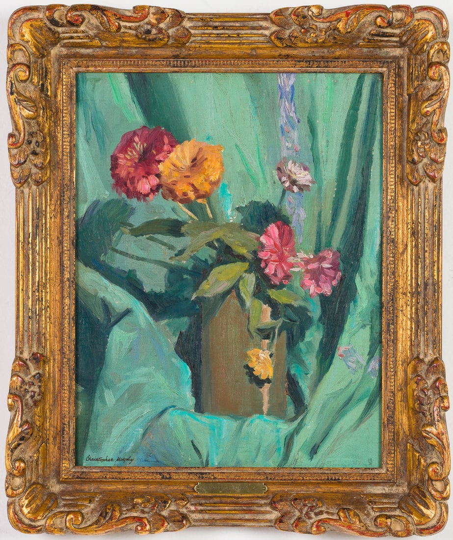 Christopher Murphy Jr., Floral Still Life, O/C: Property of a Private Collector, Boca Raton, FL Description: Christopher Murphy Jr. (Savannah, 1902-1973), Floral Still Life, O/C, signed lower left, depicting a vase of flowers against a soft gre