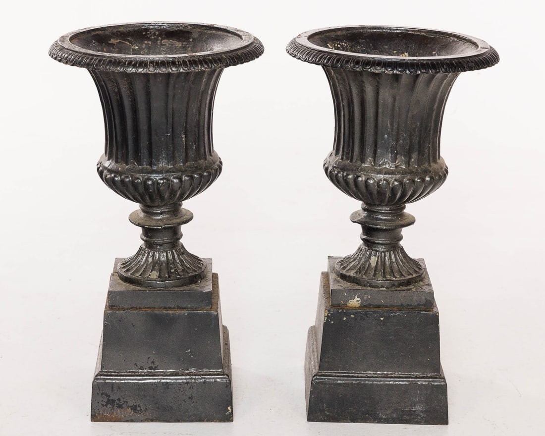 Pair of Cast Iron Garden Urns on Stands (1 of 12)