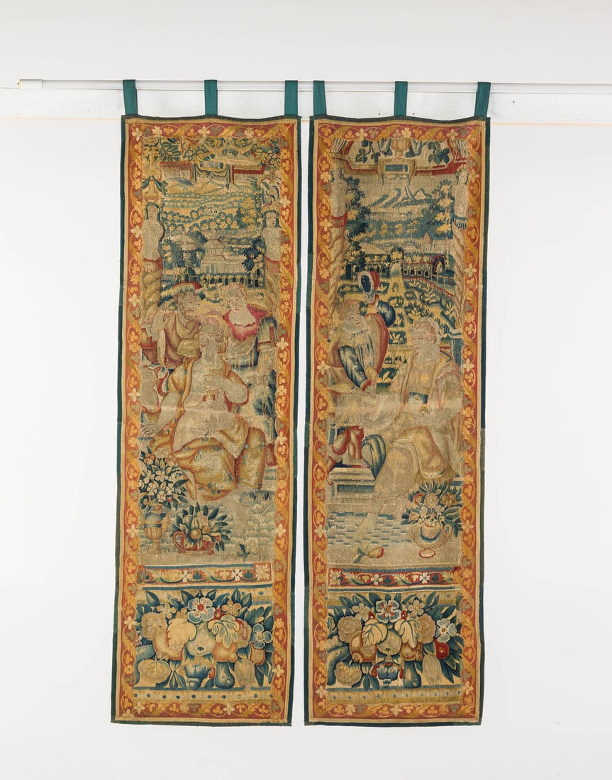 Pair of Aubusson Entre Fenetre Panels 18th C: Property from a Private Collection, New York City Description: Pair of Aubusson Entre Fenetre Panels 18th C, each decorated with figures in a garden with red foliate border and lower panel with fr