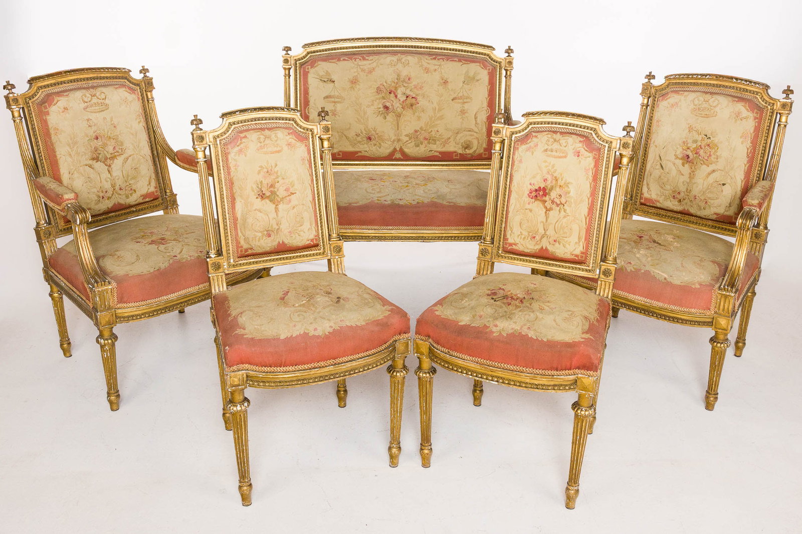 Louis XVI-Style Aubusson Seating Furniture, 19th C: Property from a Private Collection, New York City Description: Group of Louis XVI-Style Giltwood Aubusson-Upholstered Seating Furniture, 19th C, comprising two side chairs, two armchairs and sette