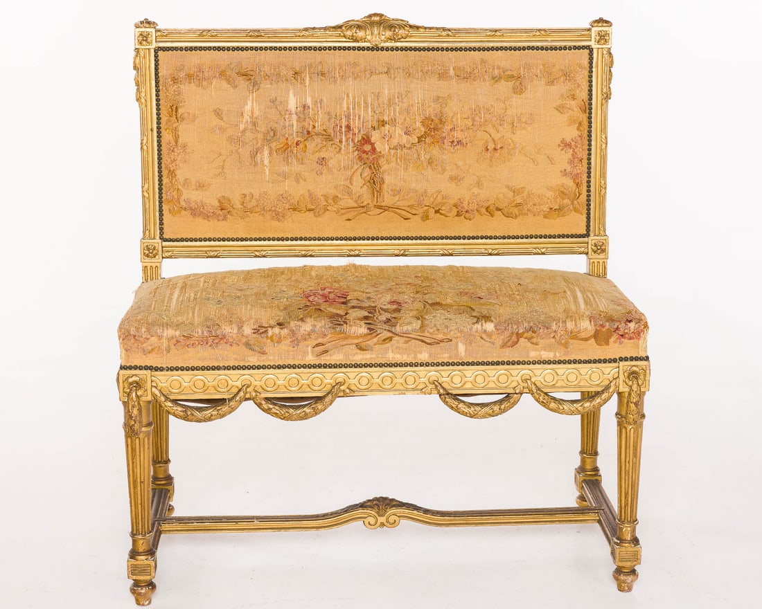 Louis XVI Style Giltwood Tapestry-Upholstered Settee (1 of 13)