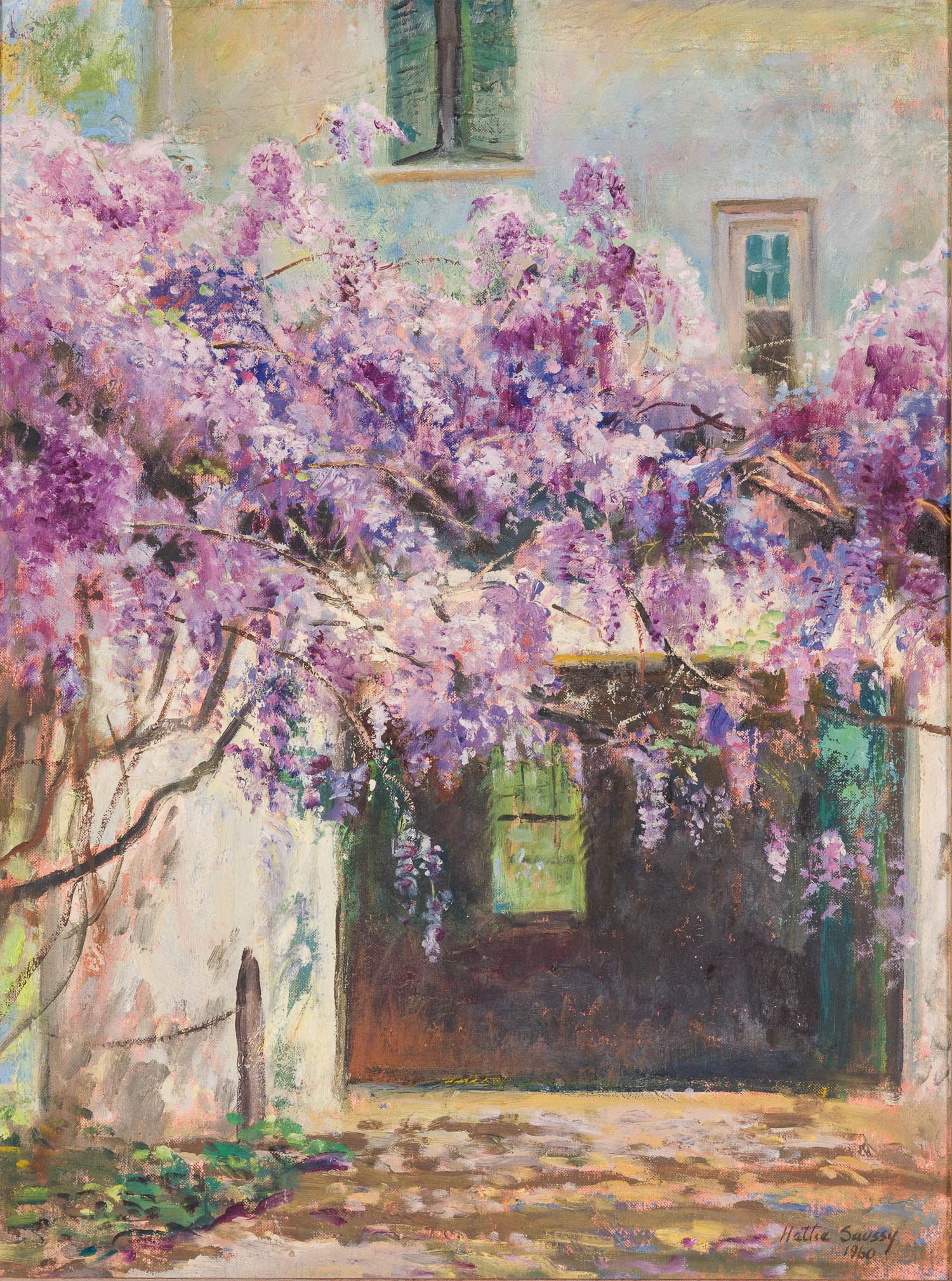 Hattie Saussy (Sav, 1890 - 1978) House with Wisteria: Property of a Private Collector, Savannah, GA Description: Hattie Saussy (Savannah, 1890 - 1978), House with Wisteria, Oil on Board, 1960, signed and dated lower right, depicting a sunlit courtyard